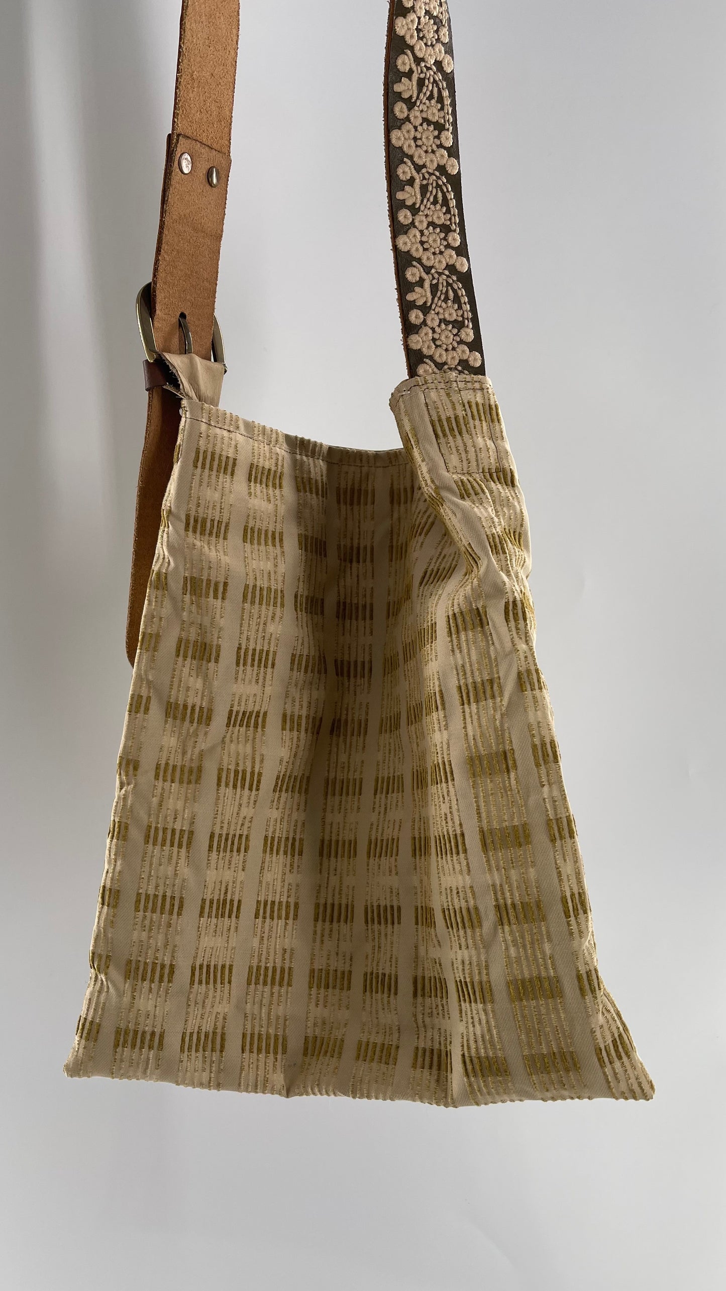 Tote with Embroidered Gold Exterior, Embroidered Leather Strap and Leather Interior - Shown Reversed