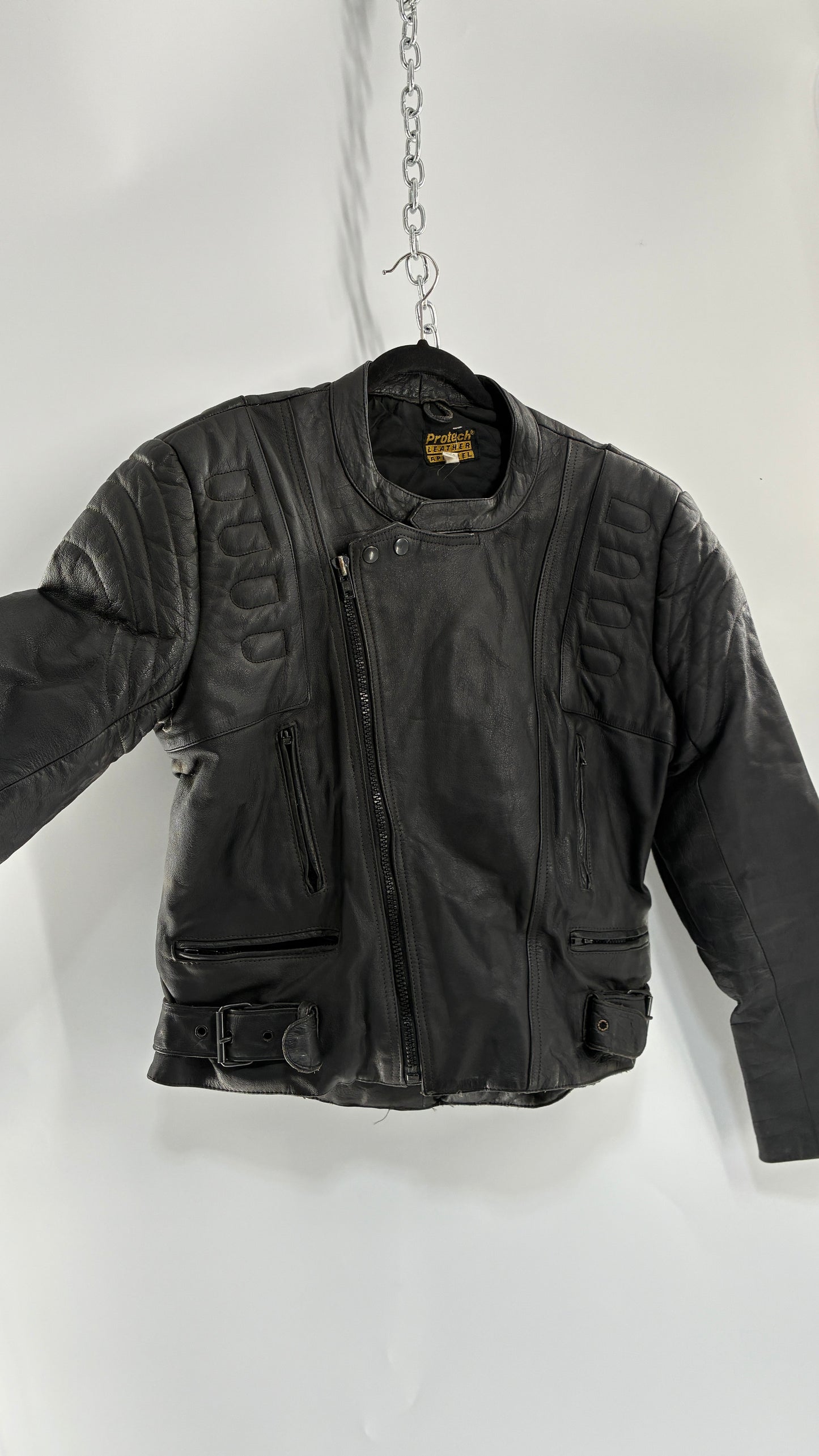 Vintage PROTECH Black Leather Motorcycle Jacket (46)