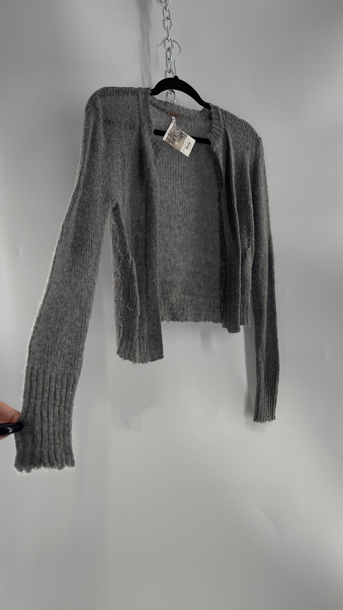 Free People Gray Pocketed Cropped Cardigan (XS) 29% Mohair 21% Wool