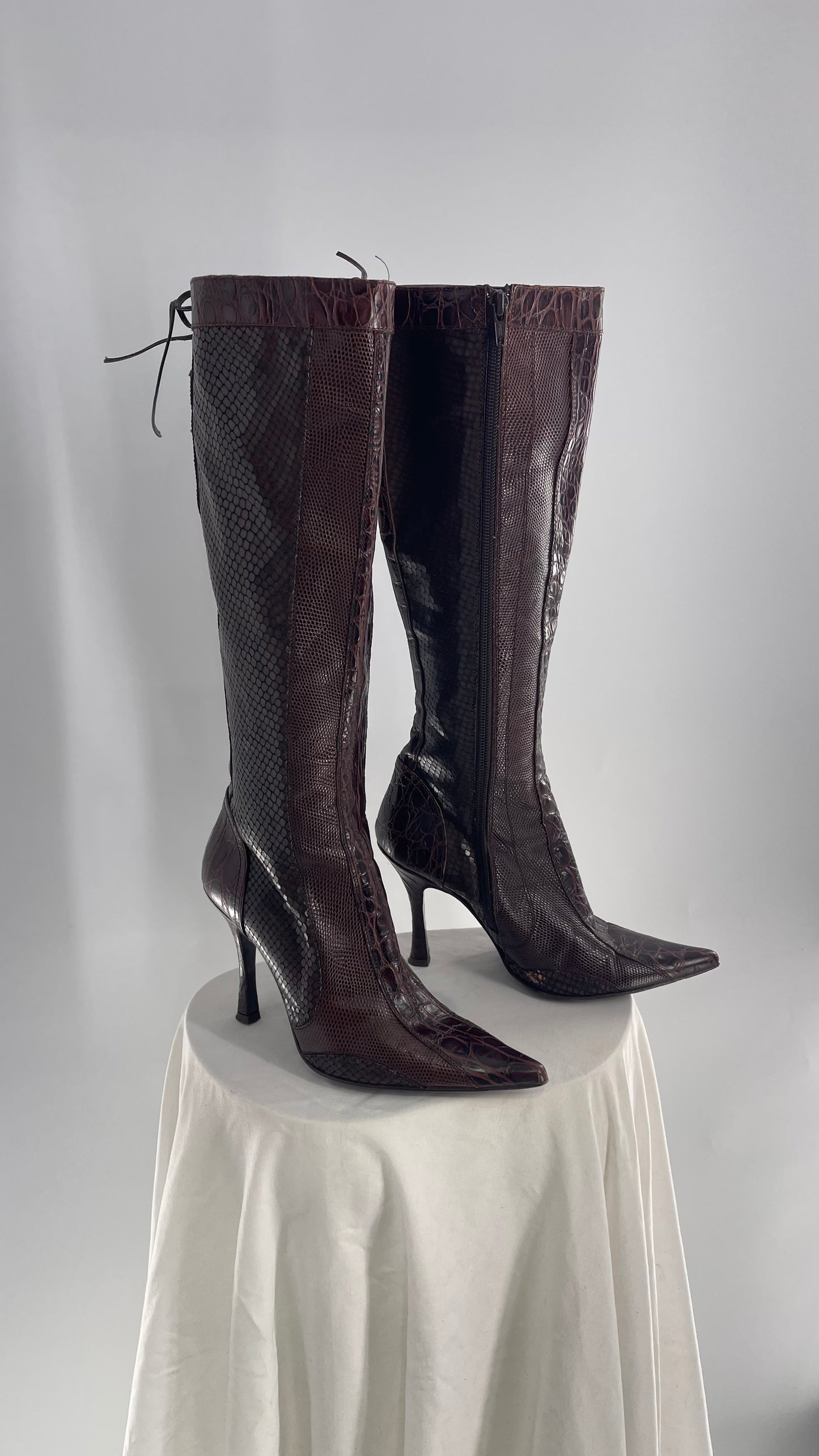 VINTAGE Charles David Paneled Leather Pointed Toe Knee High Boots (6)