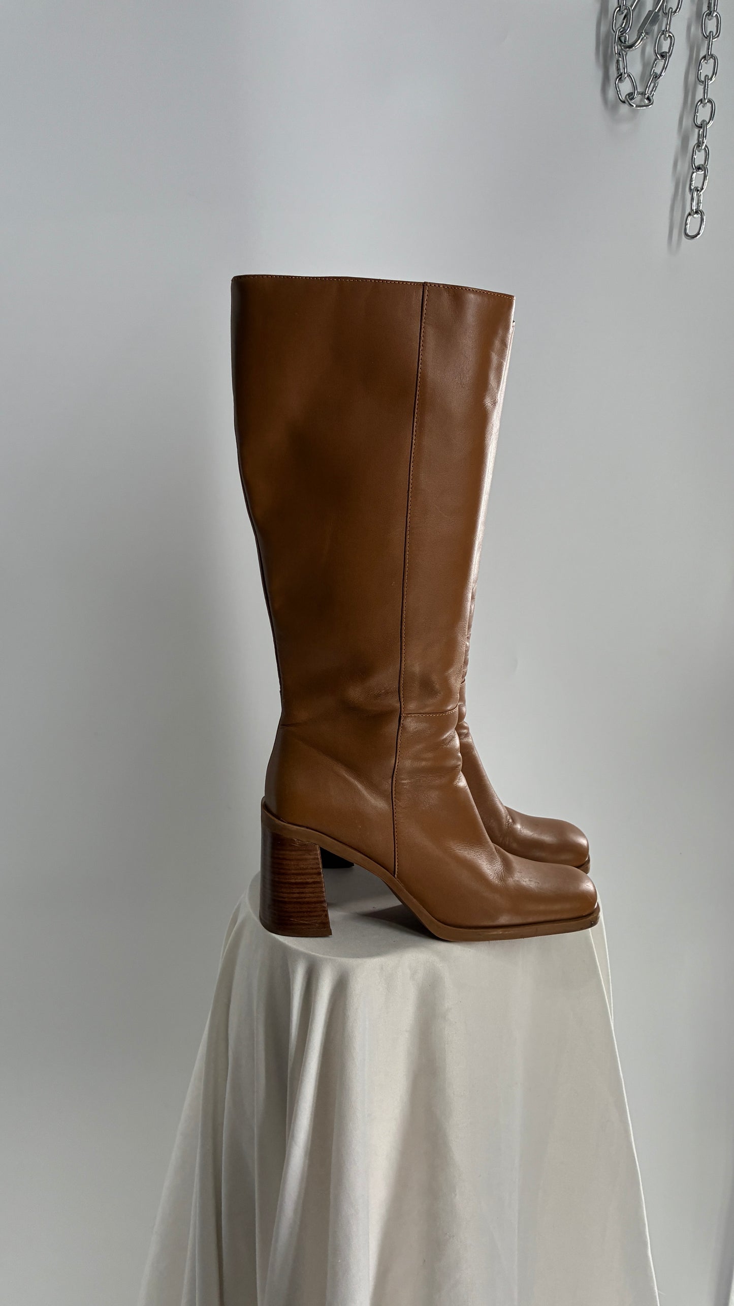 Vintage Strive Genuine Leather Square Toe Knee High Boots with Chunky Block Heel Made in Uruguay (9.5)