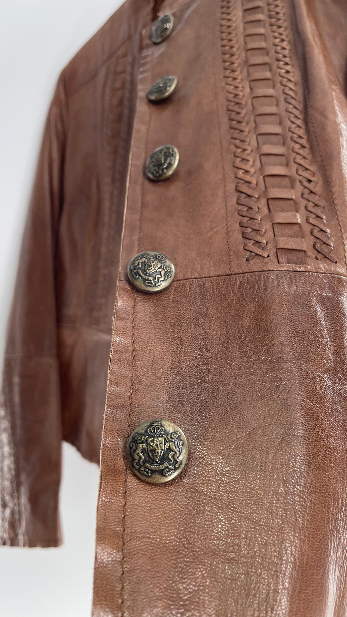 Vintage 1990s June Brown Leather Jacket with Braided Details and Zippered Cuffs (Medium)