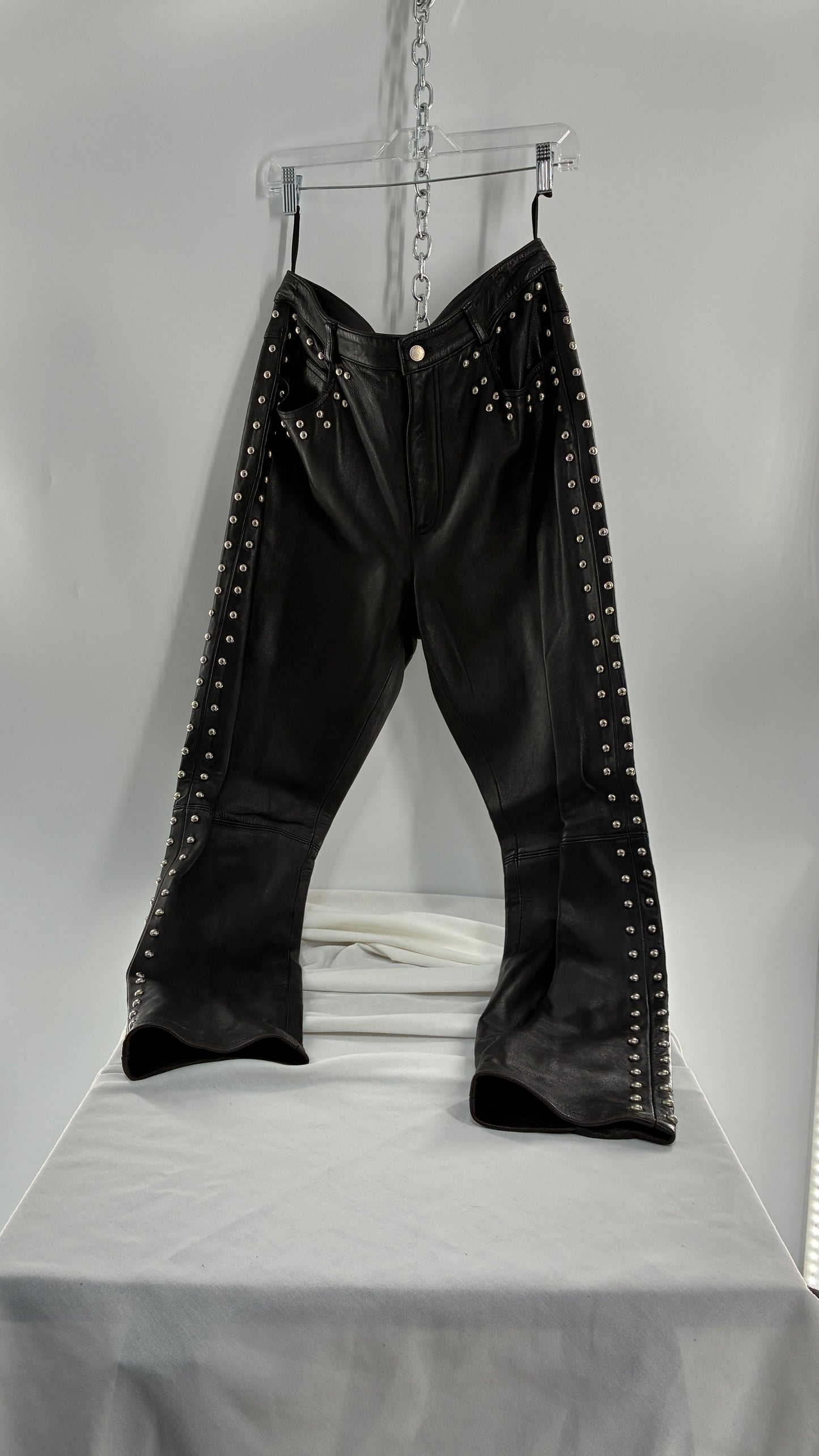 Vintage DKNY Genuine Leather Black Hip to Hem Studded Straight Legs (12)
