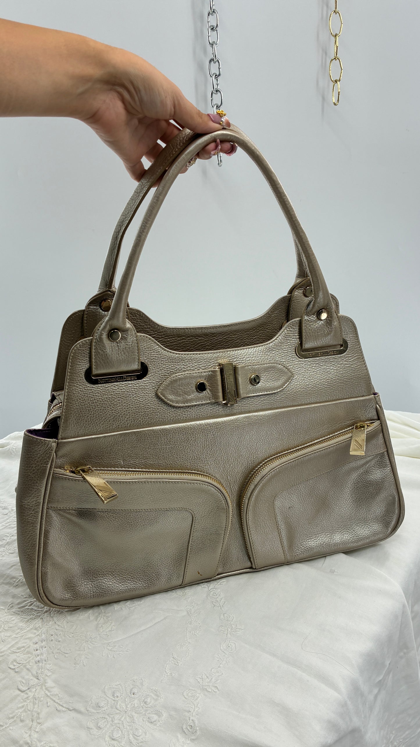 Vintage NOTTINGHILL DESIGNS Westbourne Metallic Champagne Genuine Leather Pocketed Bag with Exaggerated Hardware As Seen on Gossip Girl
