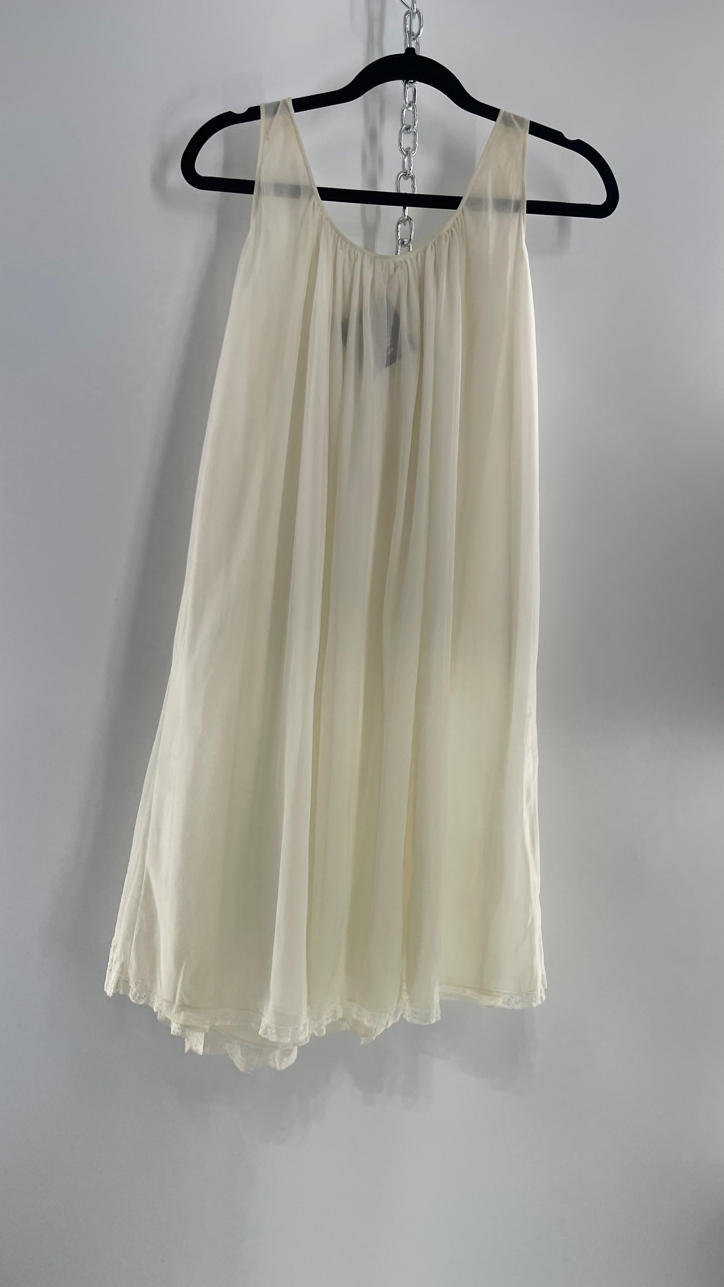 Vintage Leonora Off White Camisole Slip Nightgown Dress with Lace Trim and Decal Detail (Small)