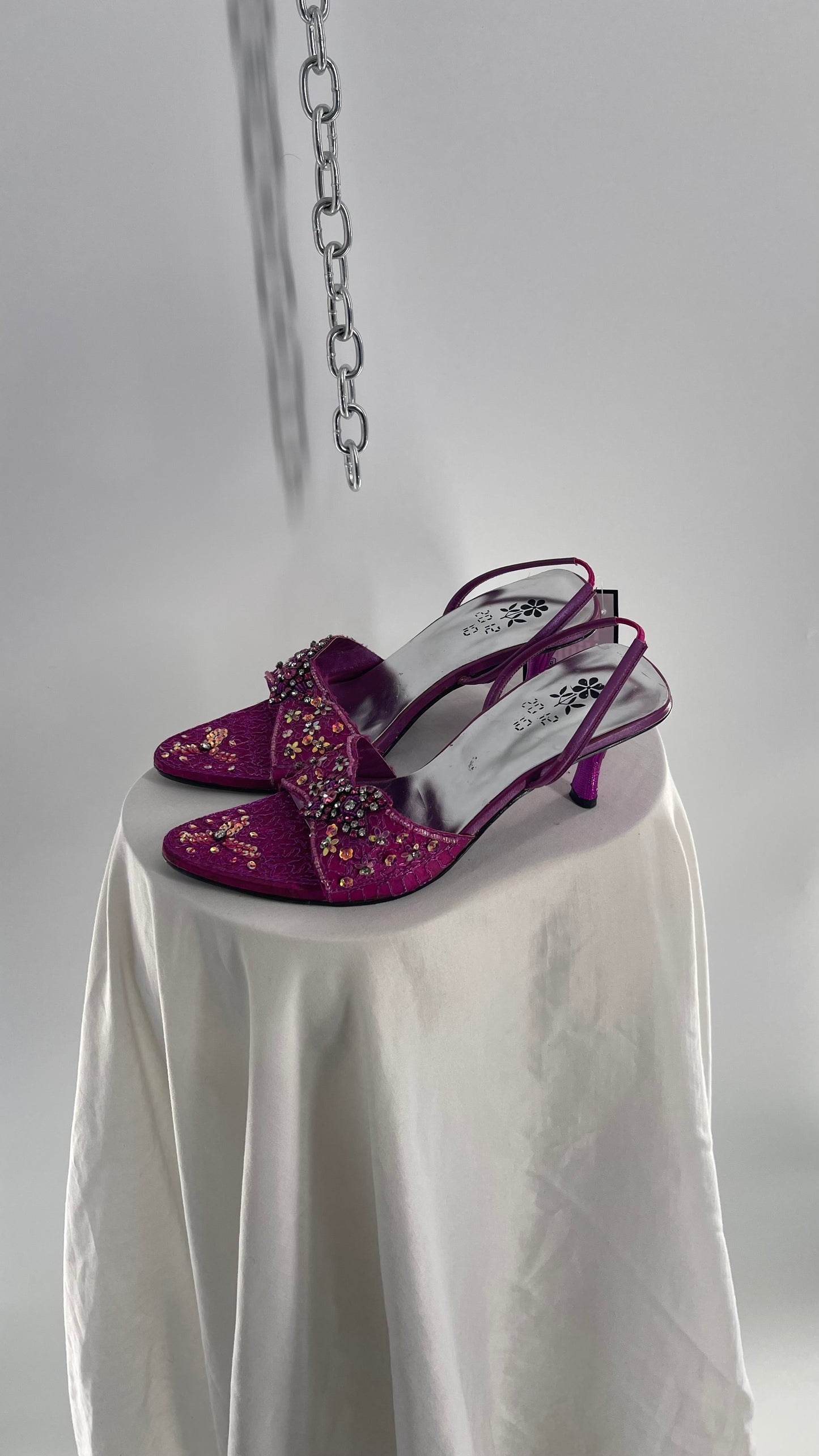 Vintage 20:12:10 Fuchsia Beaded Satin Pointed Toe Slingback Heels (7.5)