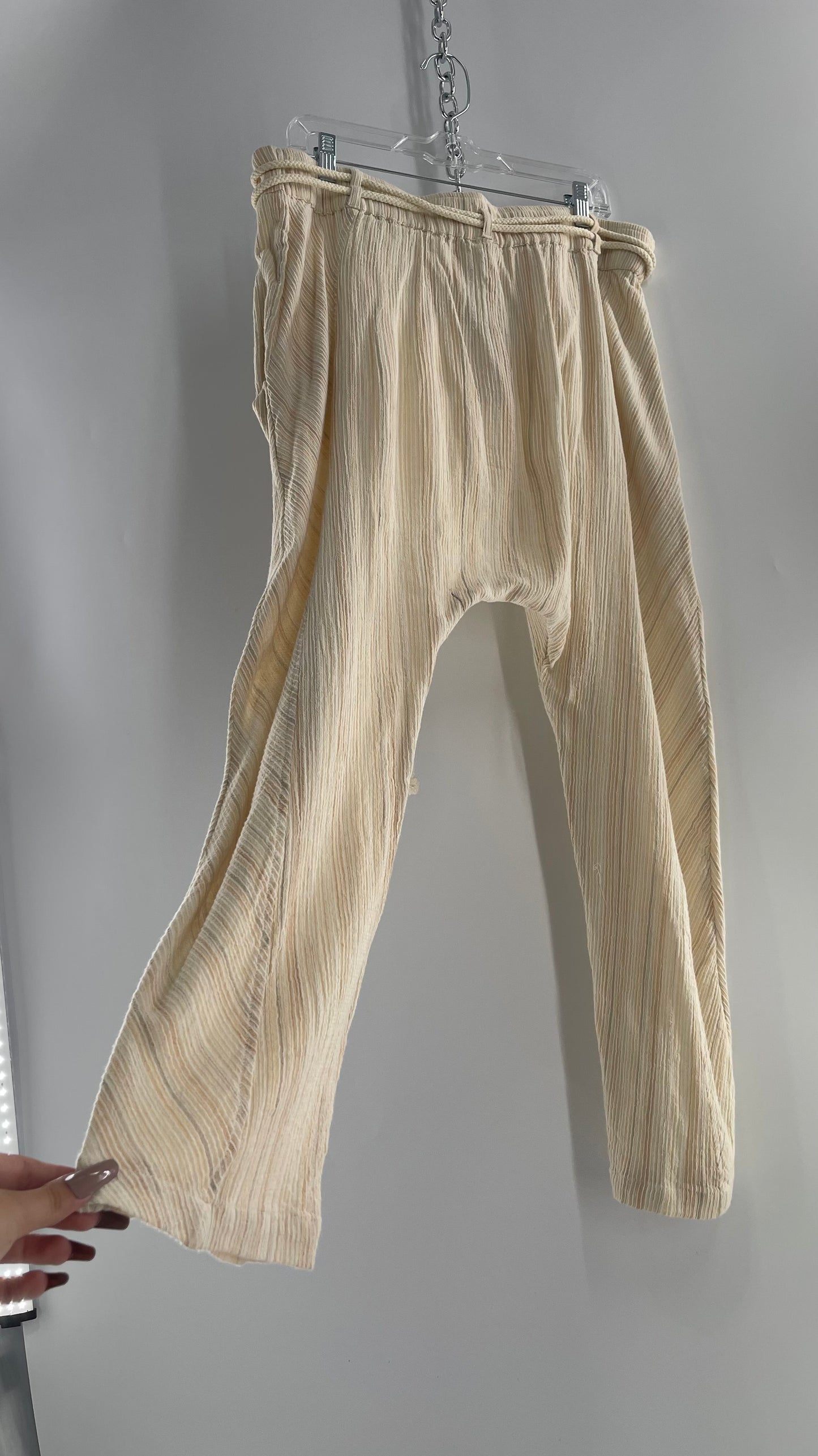 Free People Cream Striped Haram/Drop Crotch/Yoga Rope Belt Pants (XL) with Tags Attached