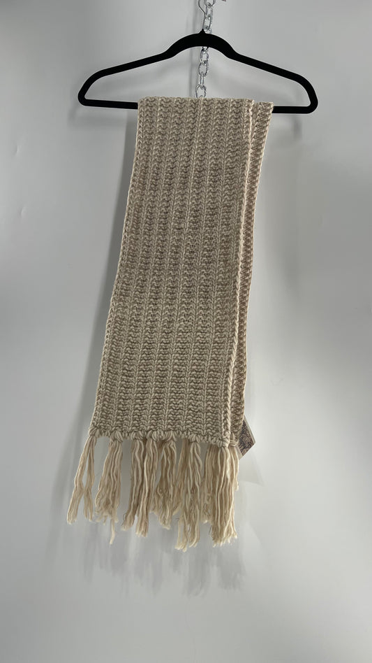 Beige Knit Skinny Scarf Ultra Long with Tassels