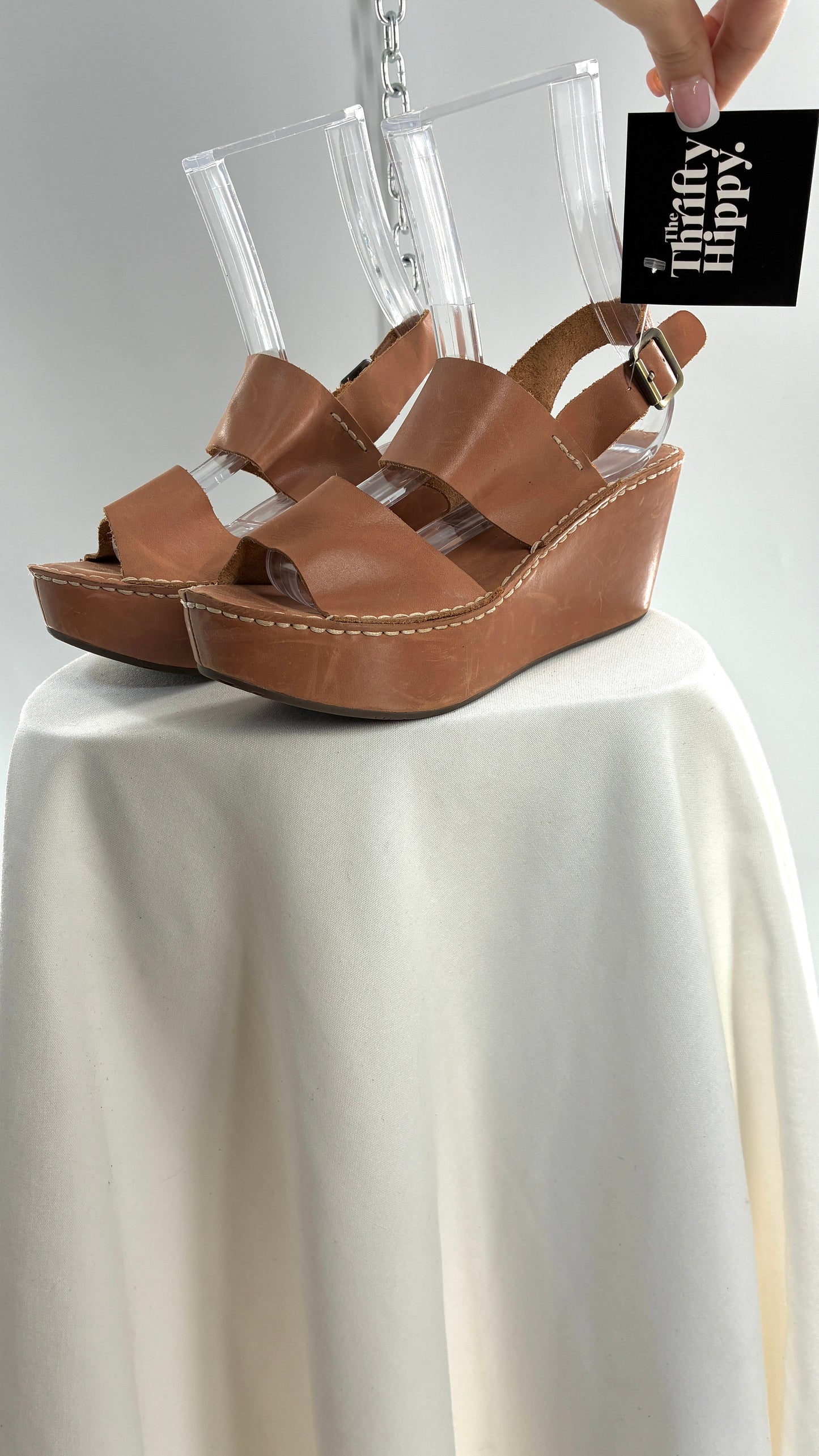 Chocolat Blu Tan Genuine Leather Wedge Platform Sandals (8.5)