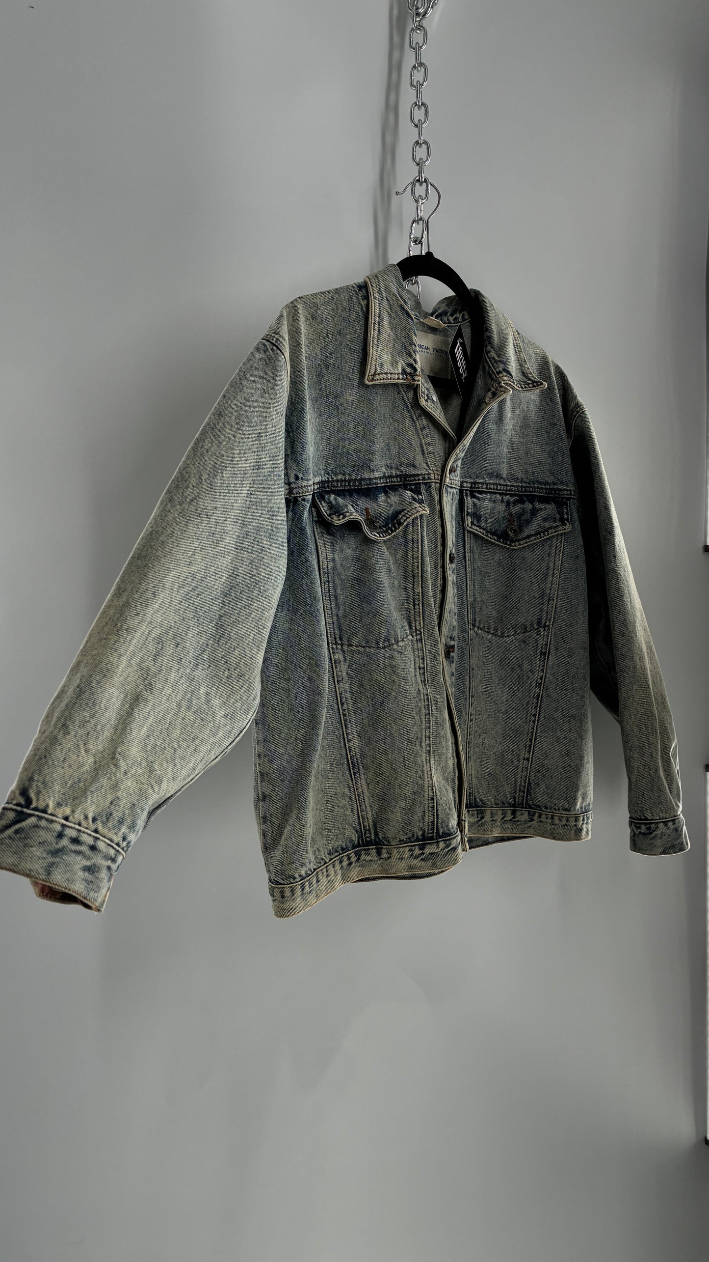 Vintage American Pacific Acid Wash Denim Jacket with Floral Patterned Cuffs (Large)