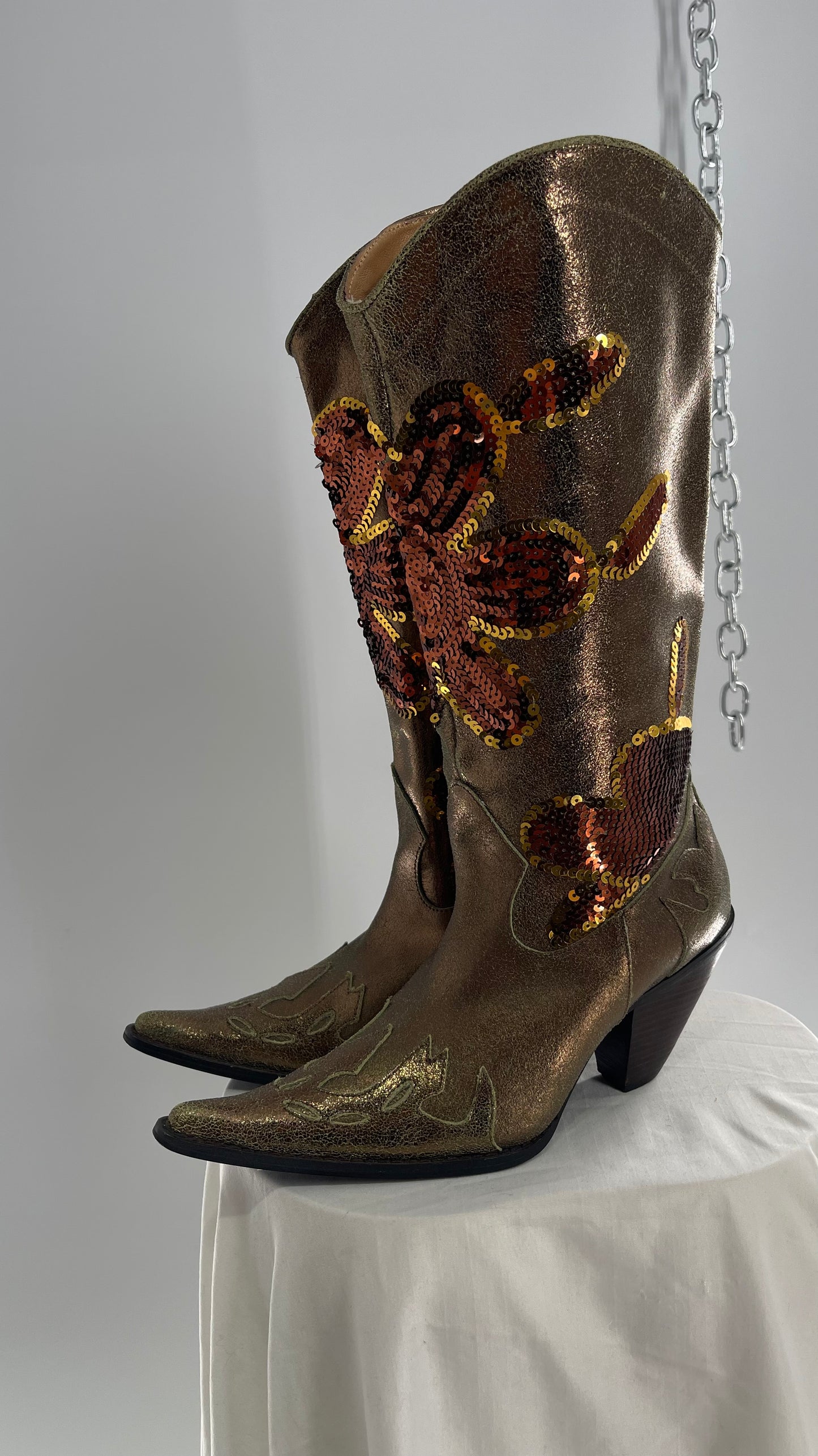 RARE Vintage Foot Candy Sage Green/Bronze Leather Cowboy Boots with Sequin Flowers and Flame Details (6.5)