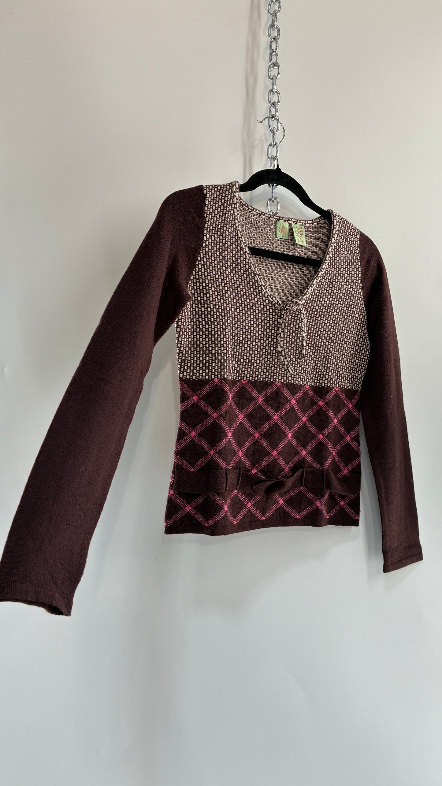 Vintage ANTHROPOLOGIE Lambswool, Rabbit and Cashmere Blend Brown Knit Long Sleeve with Belted, Buttoned Detail (XS)