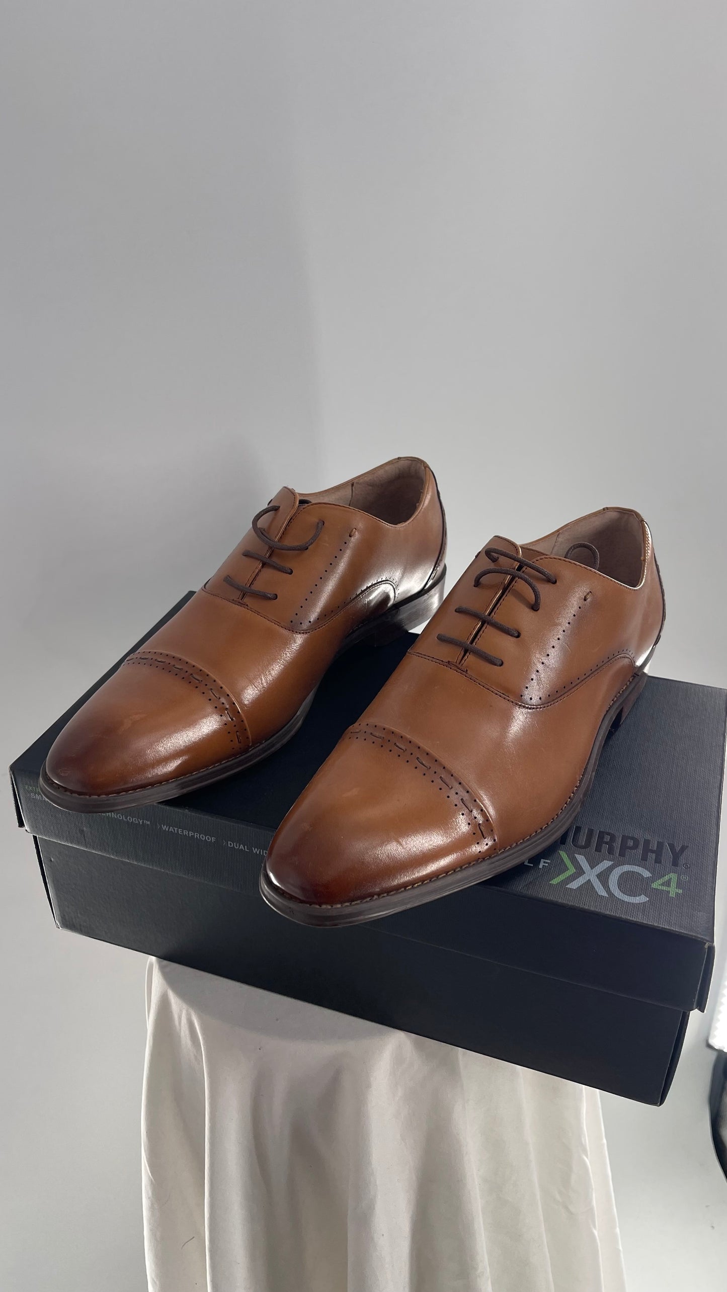 STACY ADAMS Cognac Camel Brown Leather Captoe Oxfords (12)