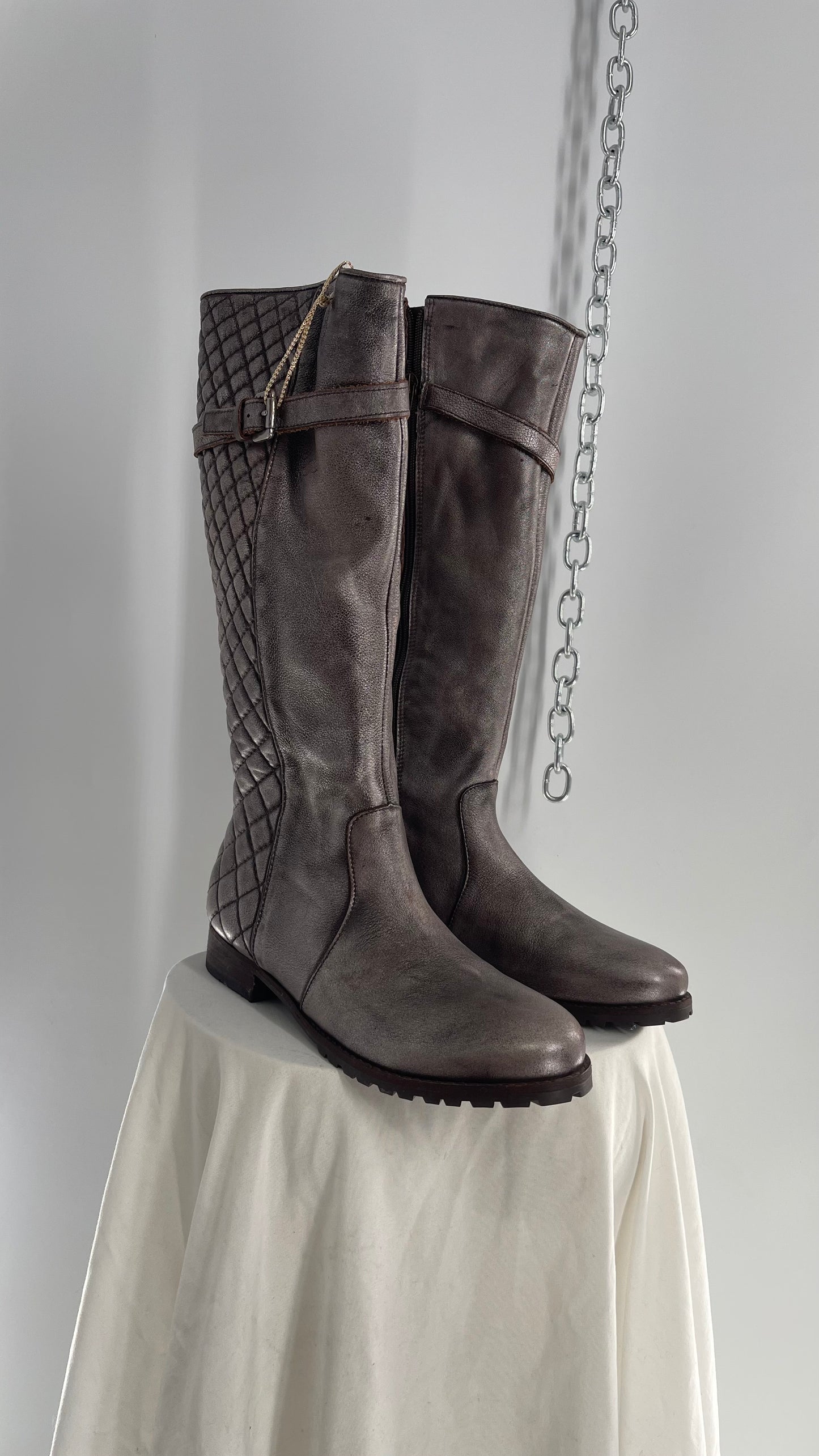 COCO Matisse Metallic Gun Powder Grey Quilted Knee High Boots Made in Brazil (9)