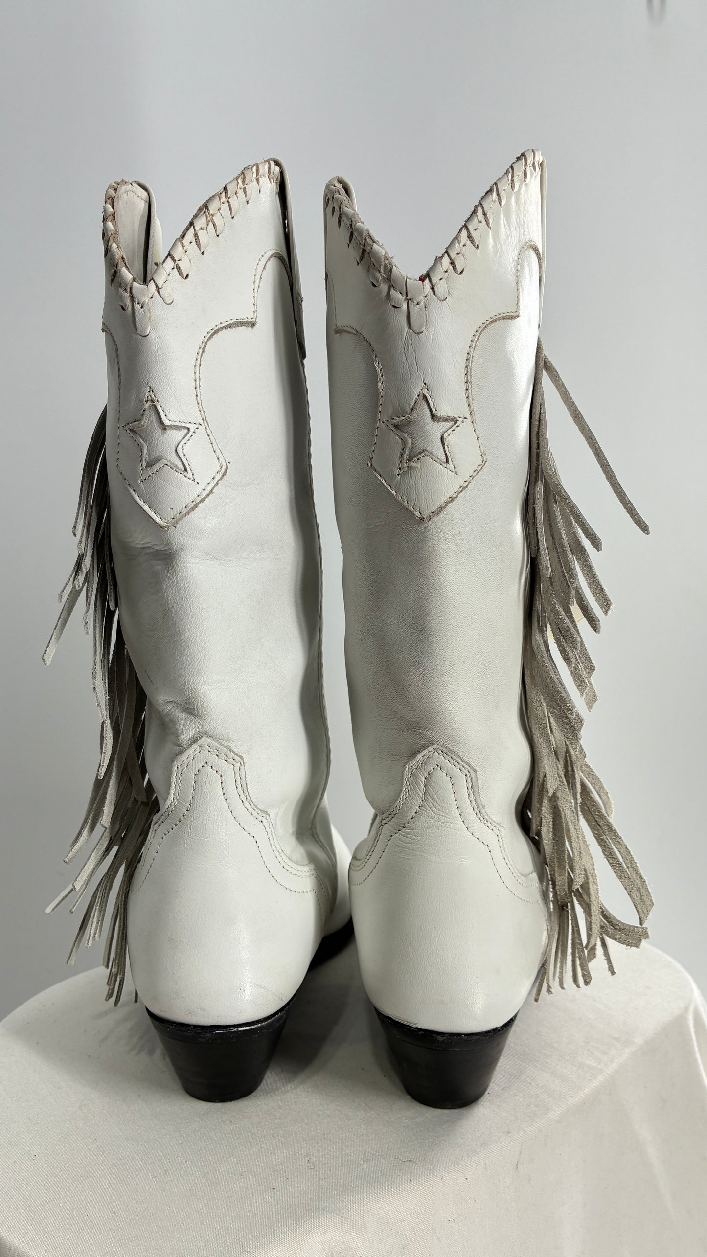 Deadstock Vintage ACME White Cowboy Boots with Braided Cuff, Fringe Sides(6)