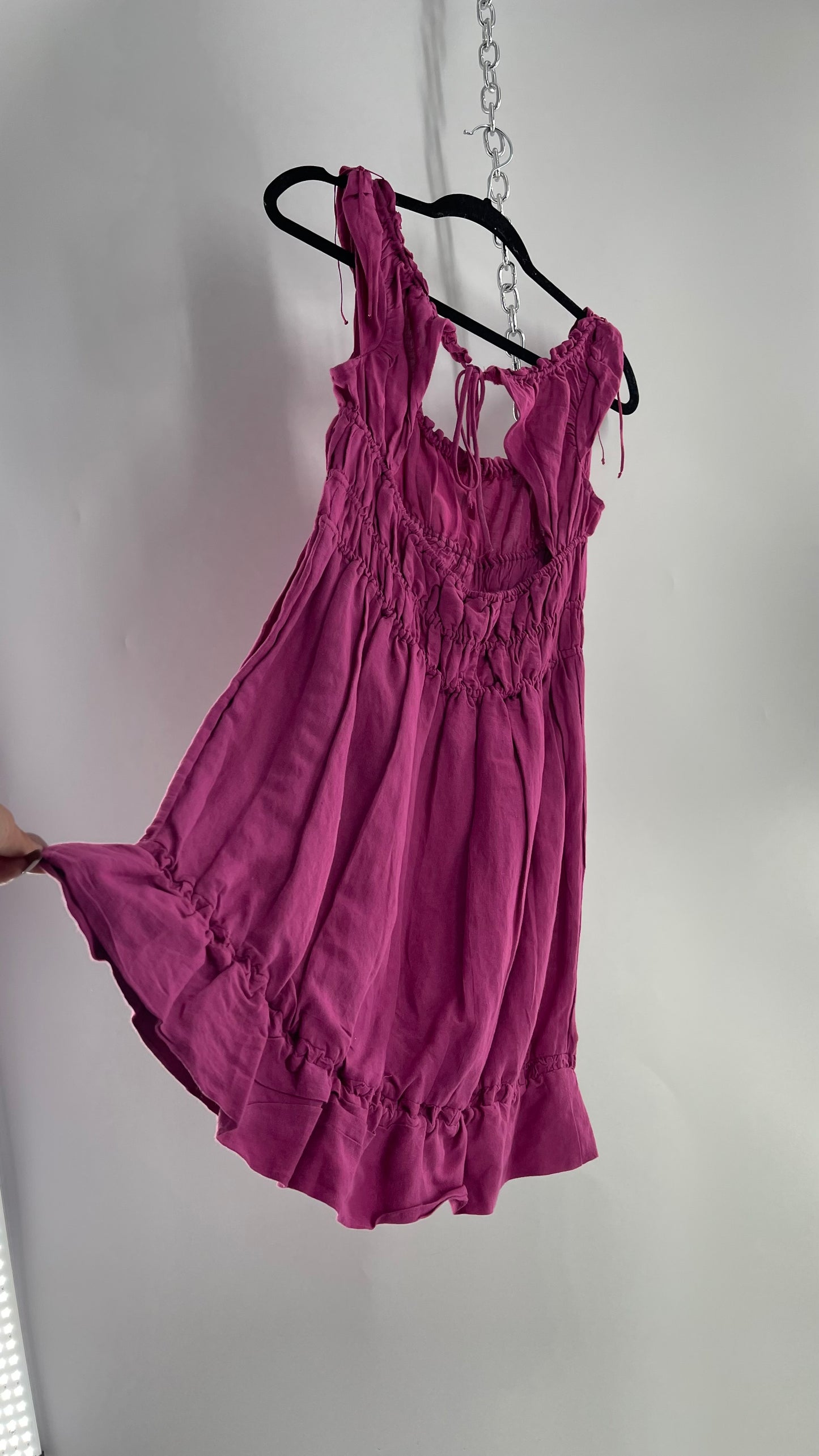 Anthropologie Mauve Cotton Dress with Smocked Bodice and Open Back (XS)