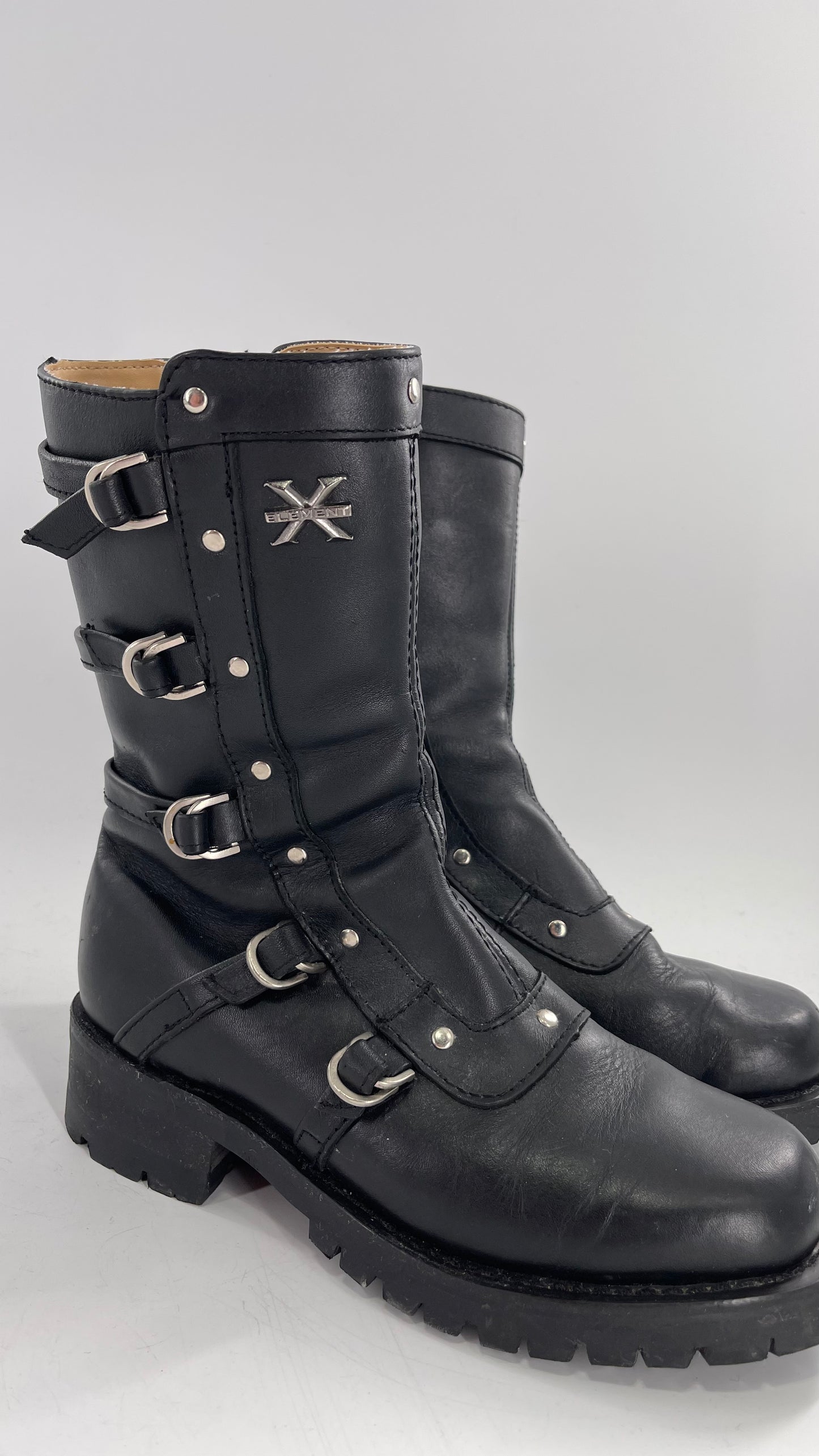 Vintage 1990s XELEMENT Buckle Side Genuine Leather Steam Punk Boots (Women’s 8.5)