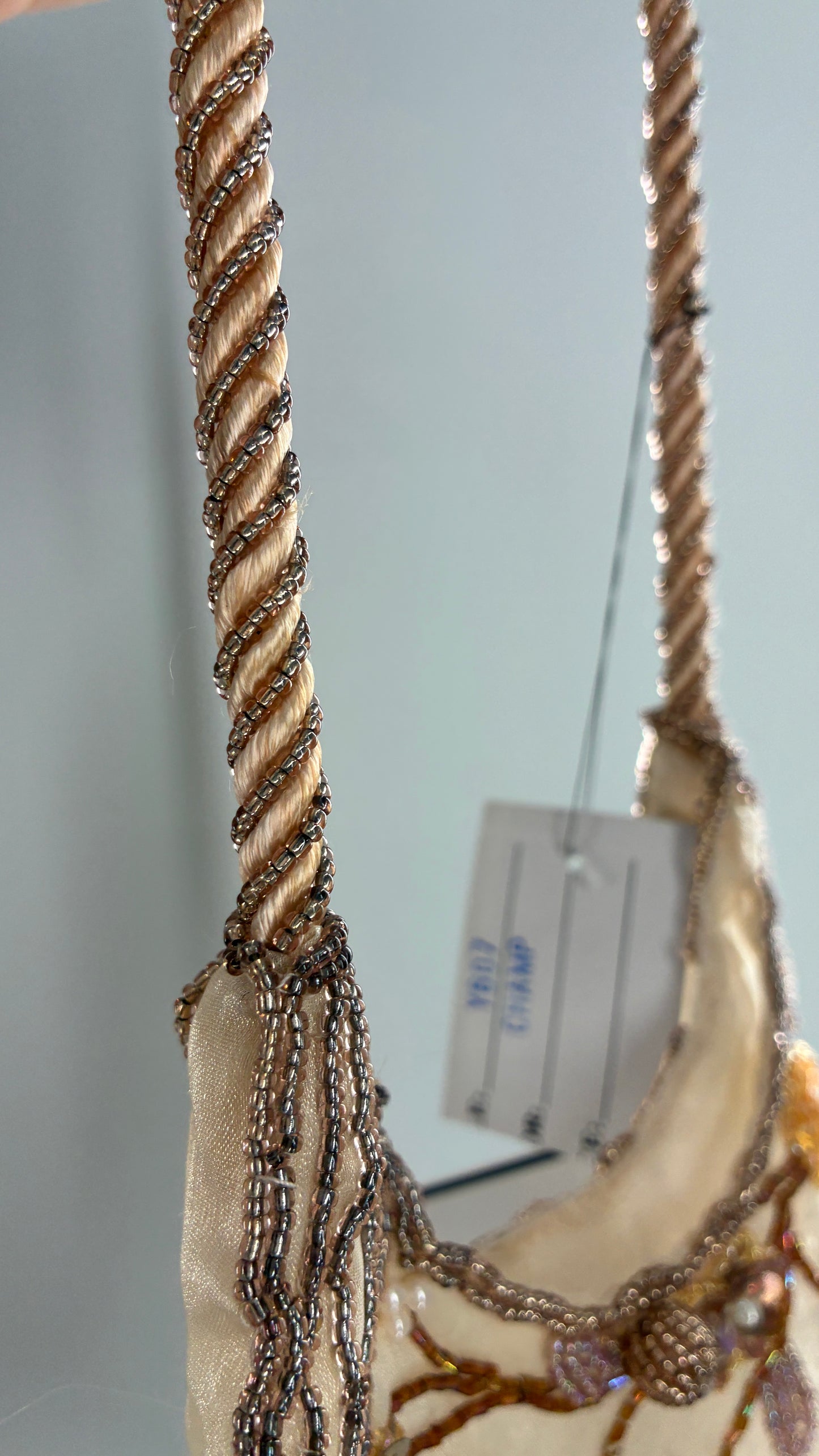 Vintage Deadstock Beige Beaded Fringe Purse with Embroidered Beaded Florals