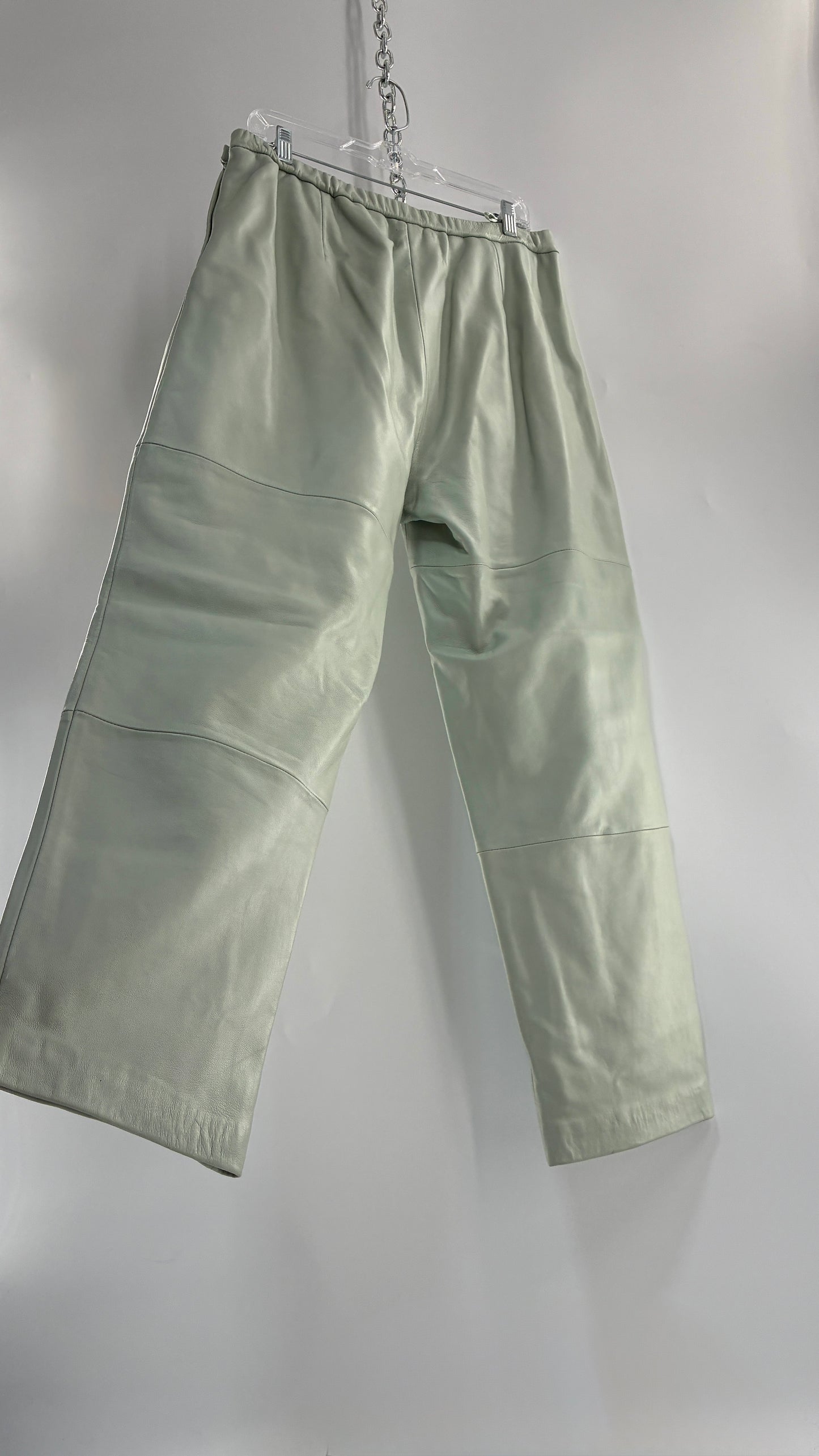 Vintage TERRY LEWIS Classic Luxuries Muted Seafoam, Genuine Leather Trousers with Silky Soft, Satin Lining (16P)