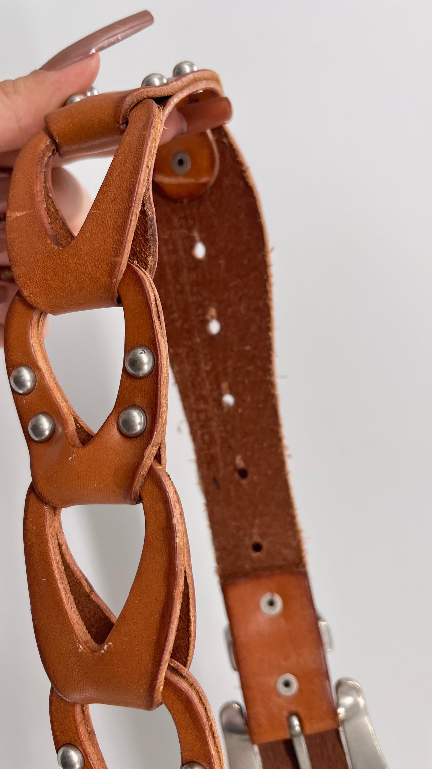 Free People Leather Link Belt with Western Buckle and Silver Studs (S/M)