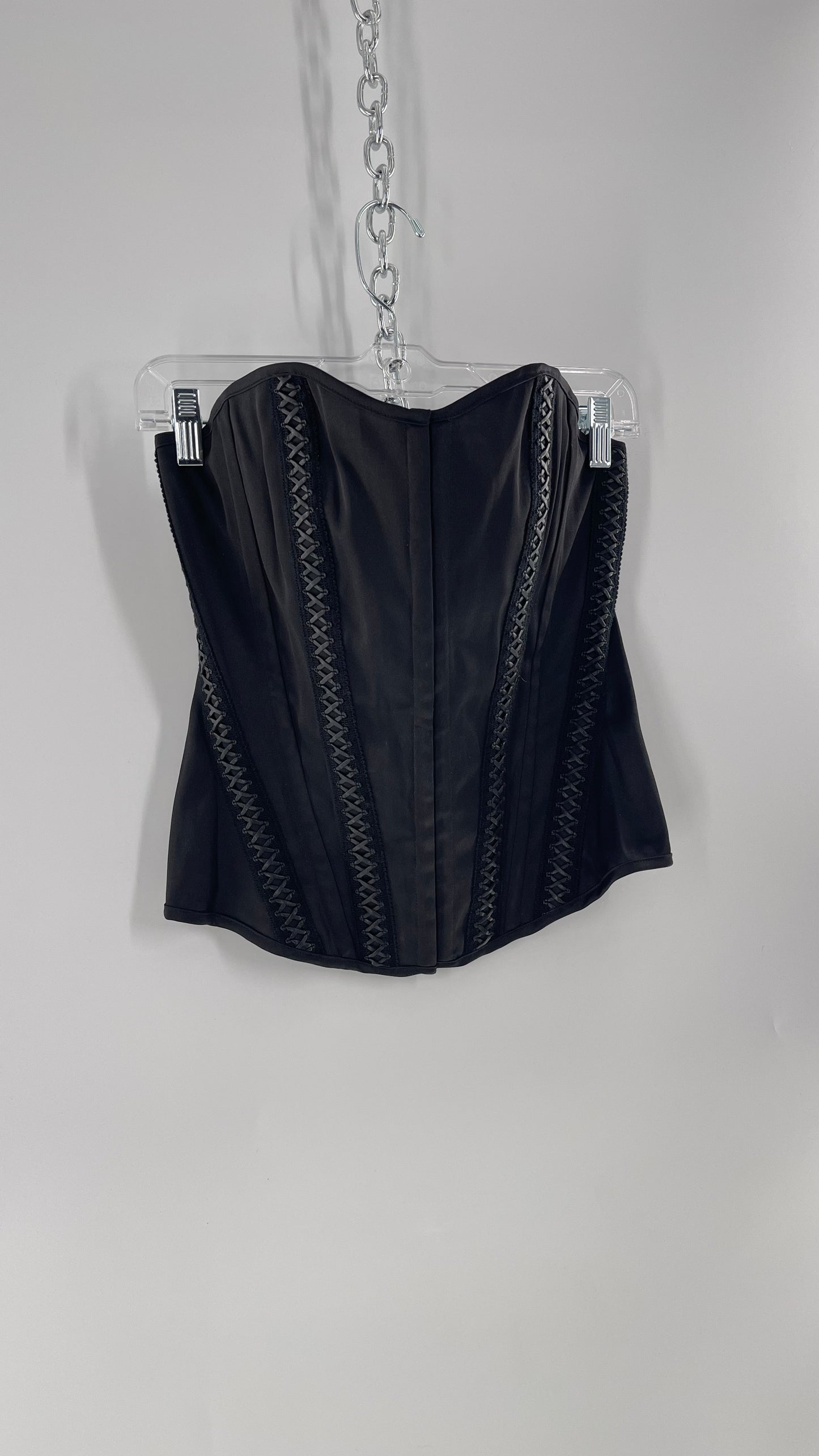 Vintage Charlotte Russe Black Boned Corset with Criss Cross Leather Details and Lace Up Back (Large)