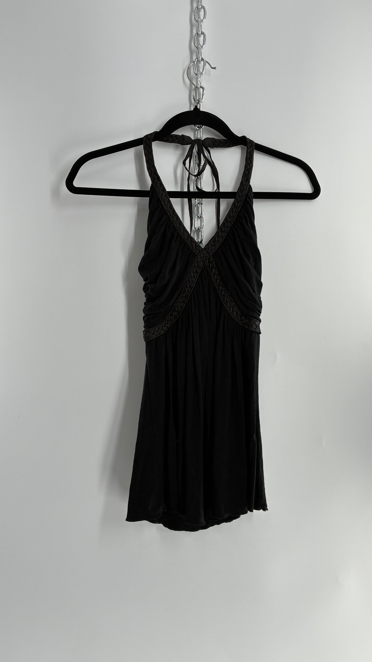 Vintage 1990s Dating Clothing Black Halter with Braided Detail (Small)
