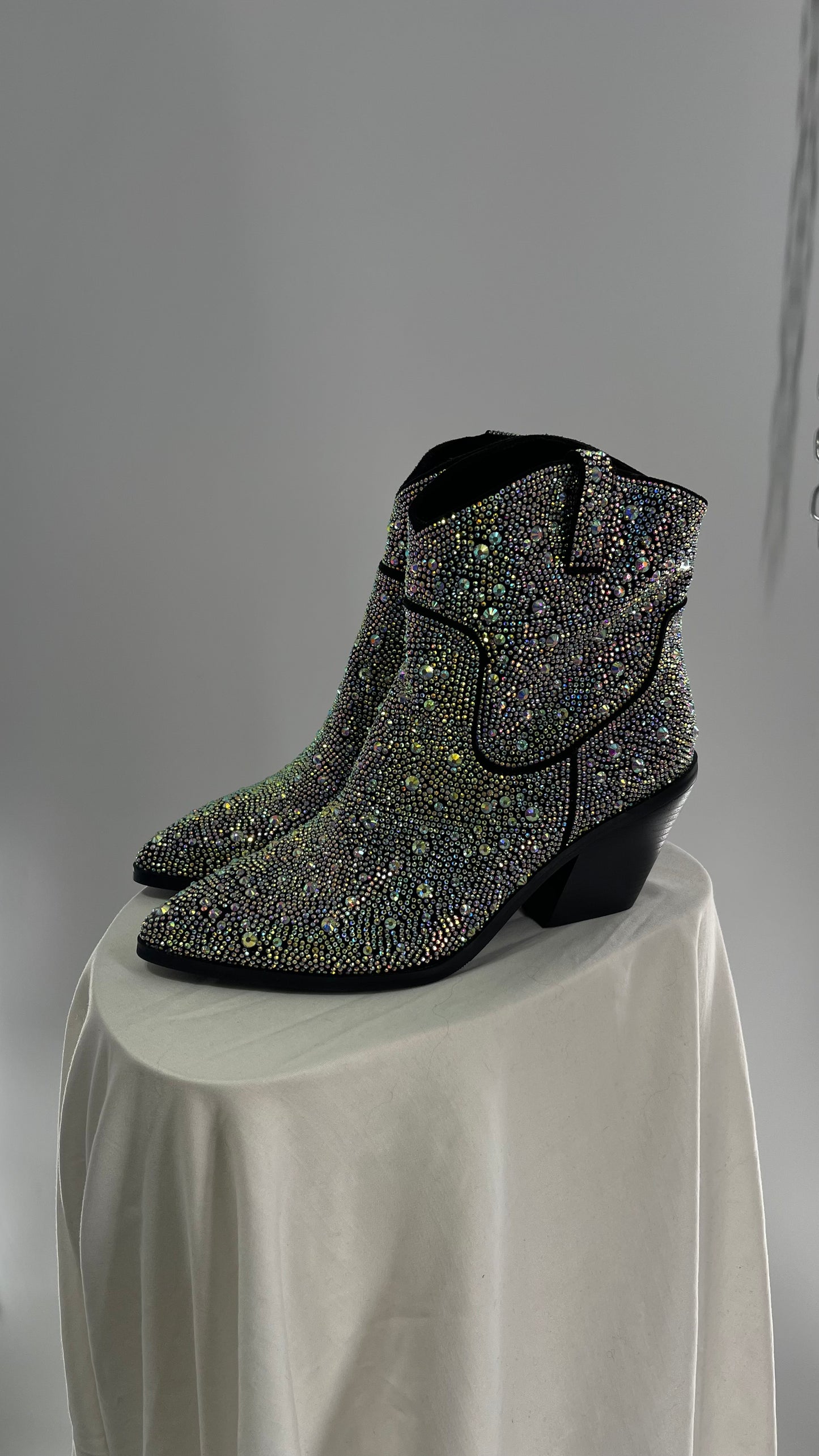 Black Iridescent All Over Rhinestone Cowboy Boots