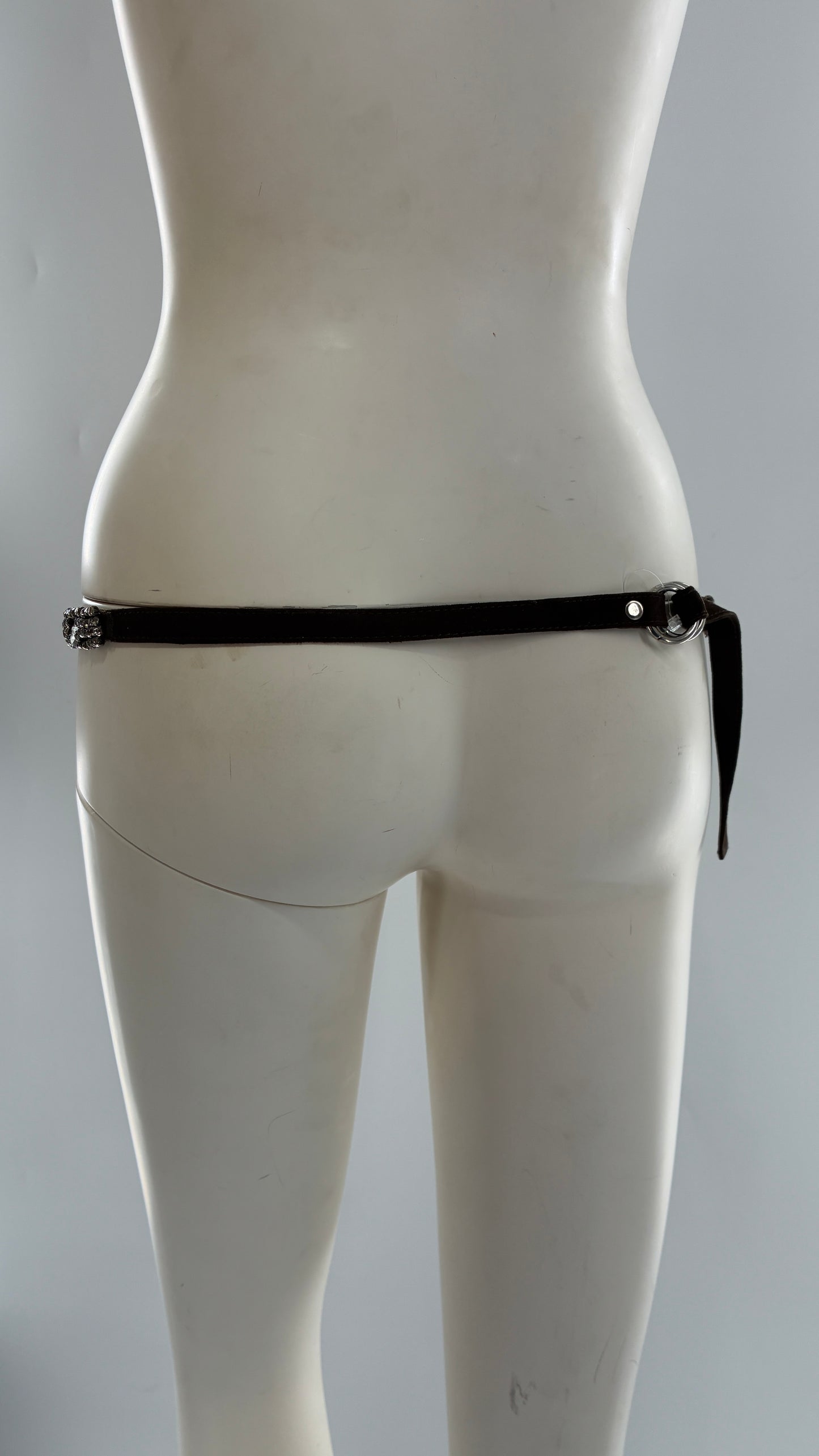 Vintage Brown Suede Leather Scalloped Belt Covered in Rhinestones and Heavy Ornate Beading