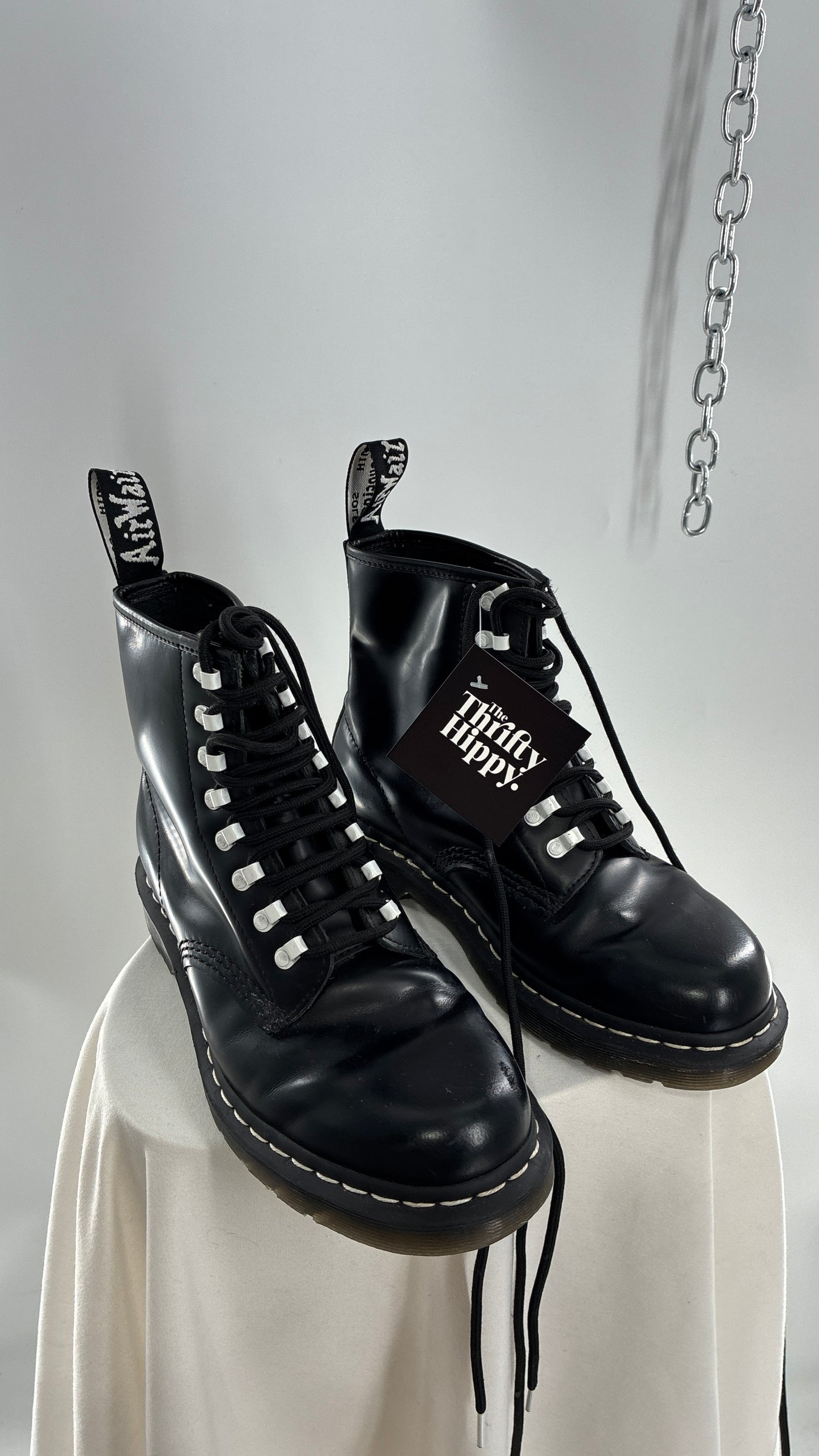 Vintage DR.MARTENS AirWair 1460 DISRUPT Black Patent Leather Boots with White Hardware (8L, 7M)