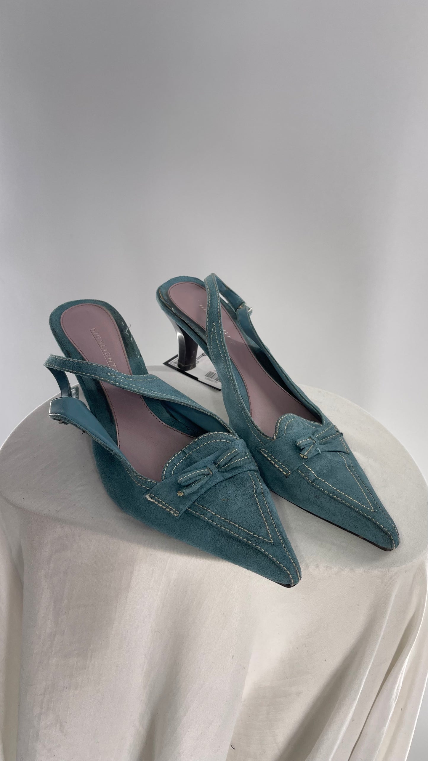 Vintage HIGHLIGHTS Blue Suede Pointed Toe Kitten Heel Slingbacks (7.5)