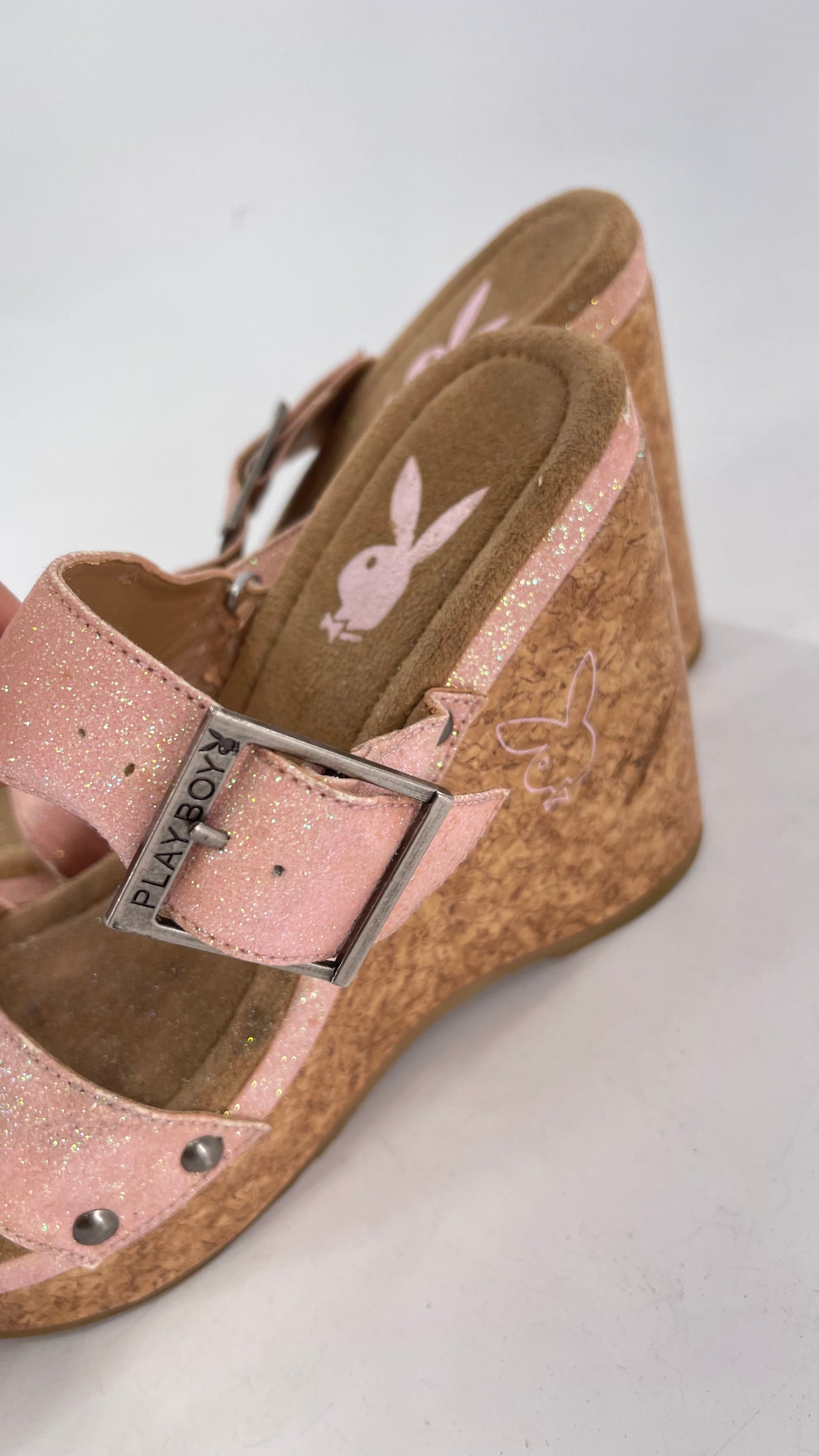 Playboy Pink Glitter Wedge Heel with Cork Heel and Playboy Engraved Buckle (6)