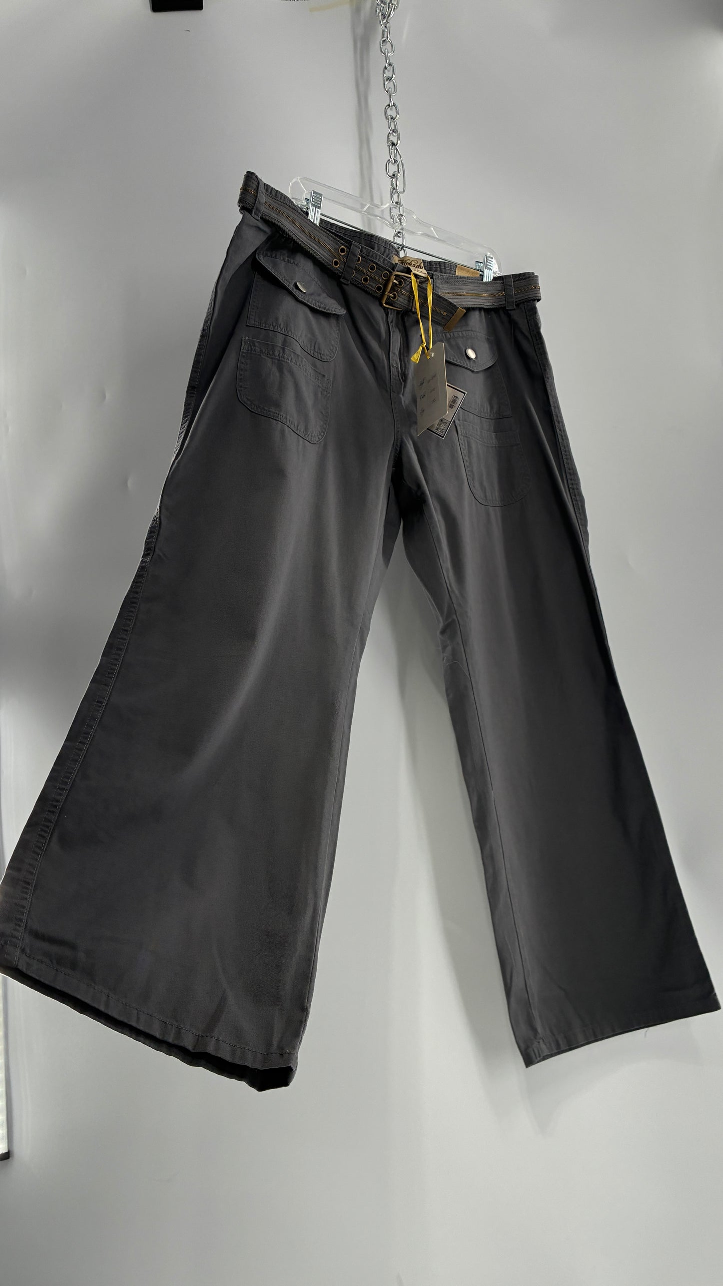 Deadstock Vintage MOKACHINO Grey Low Rise Kick Flares with Zipper Belt and Hip Pockets (18X)