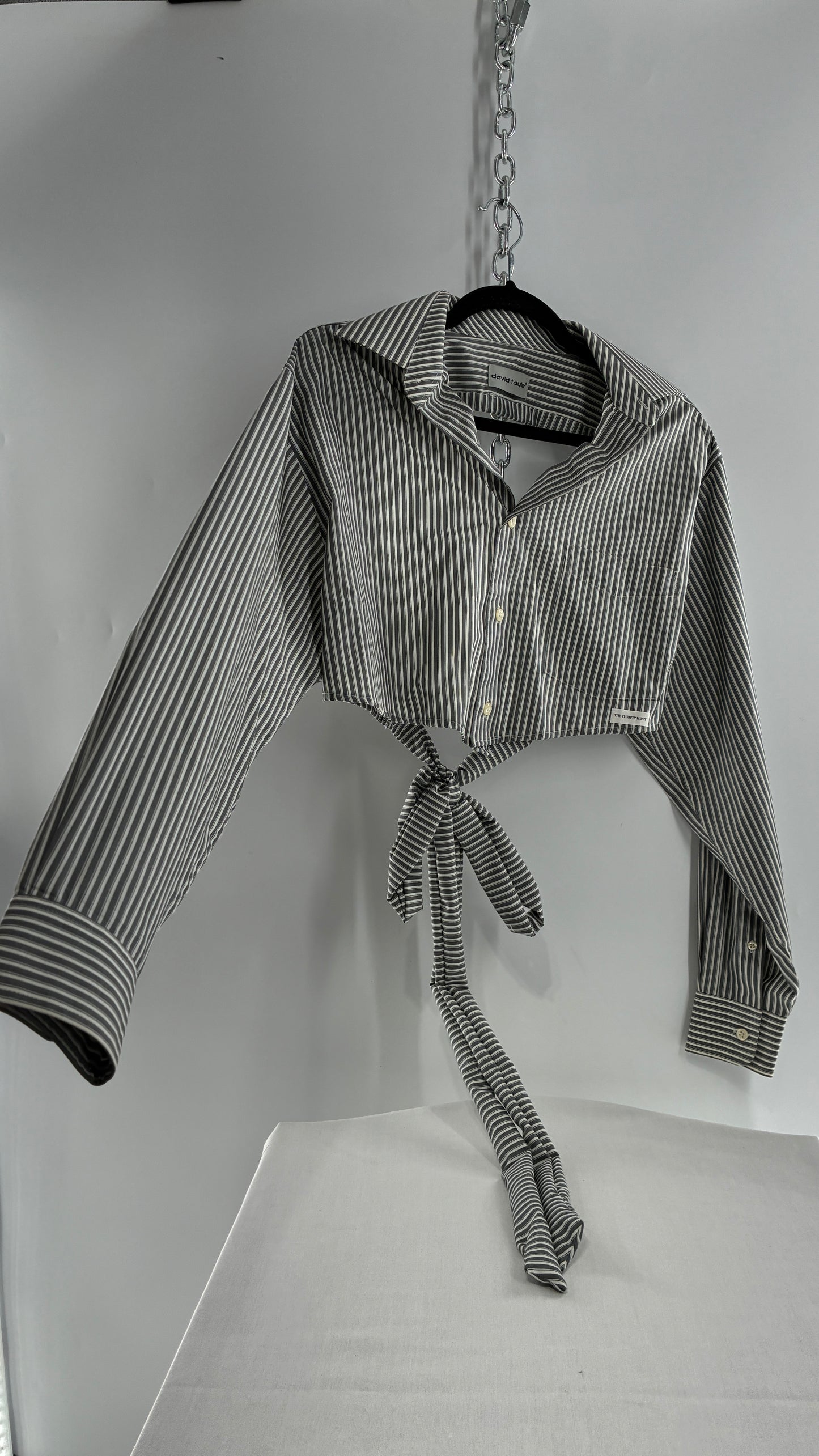 Vintage DAVID TAYLOR Reworked Button Front Backless Grey Striped Blouse (One Size)