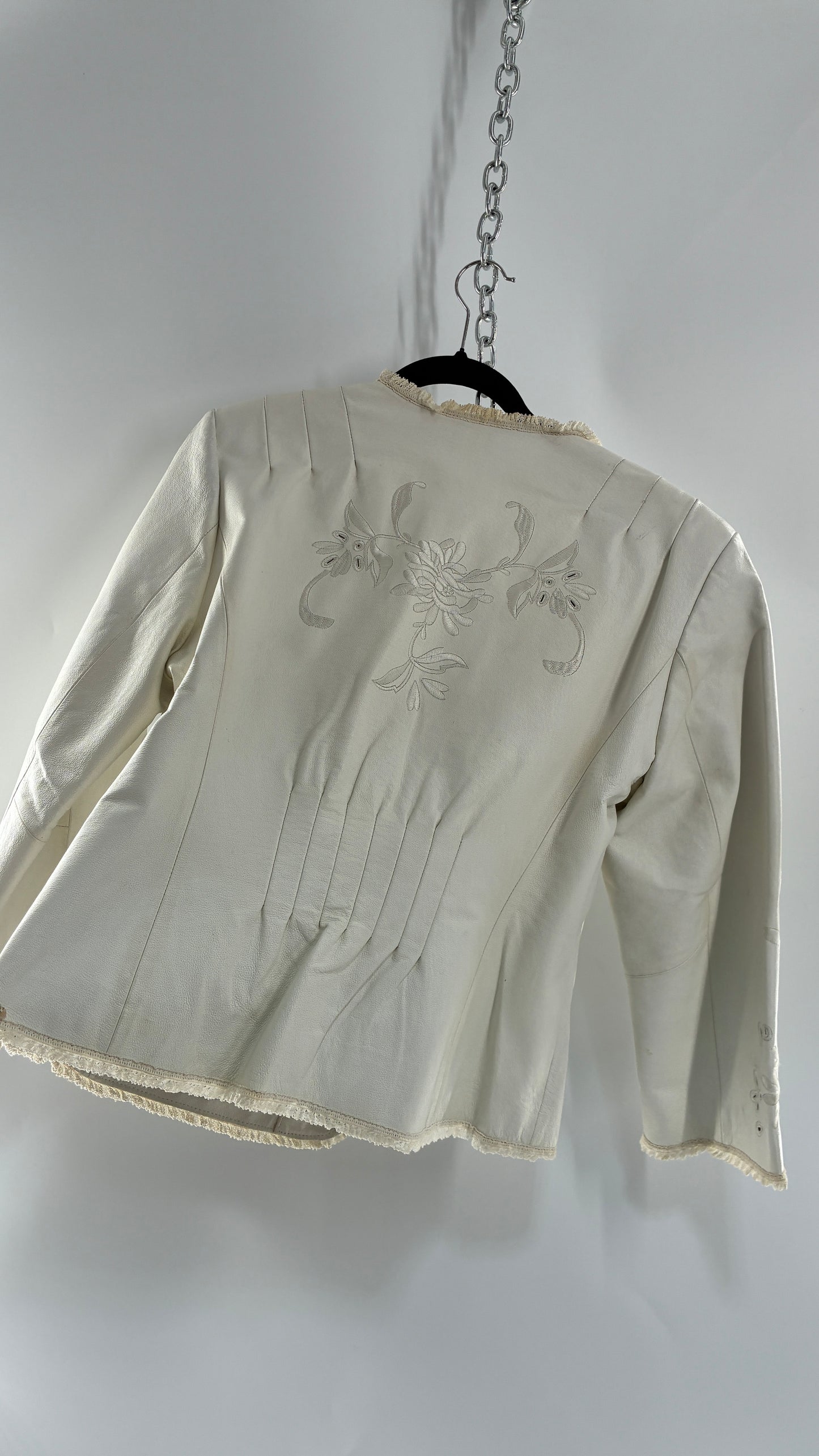Vintage TERRY LEWIS White Leather Pleated Back, Embroidered Jacket with Lace Trim (Large)