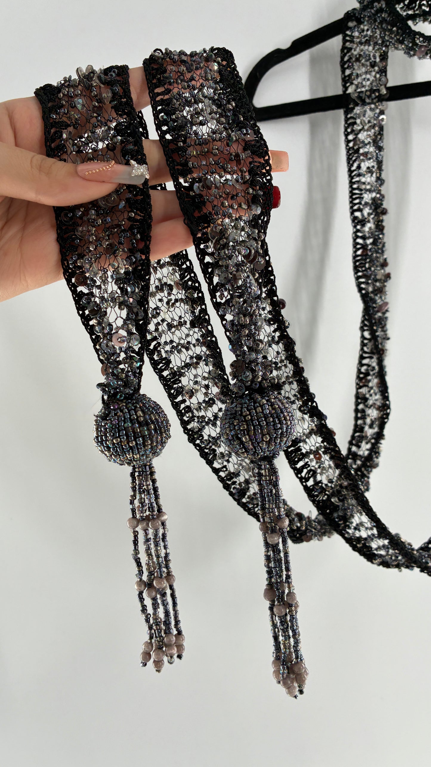 Vintage Black Netted + Crochet Scarf Necklace Covered in Heavy Beading