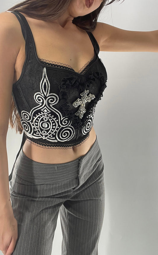 Custom Corset Handmade with Appliqués, Embroidery, Gemstones, Lace and Ruffles (S/M)