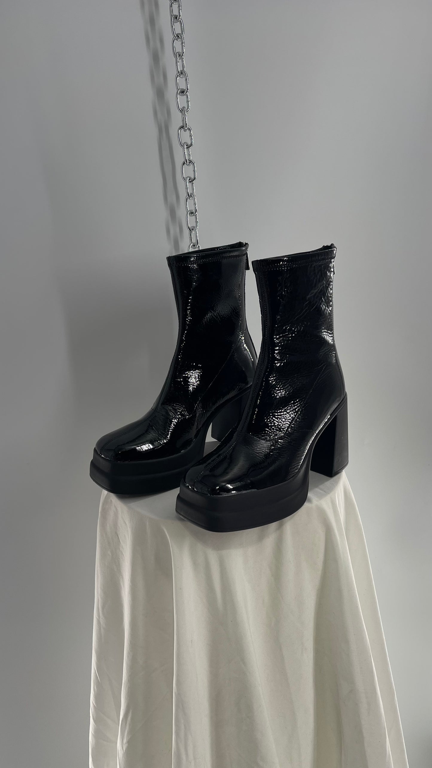 Free People Double Stack Platform Black Patent Leather Boot (38)