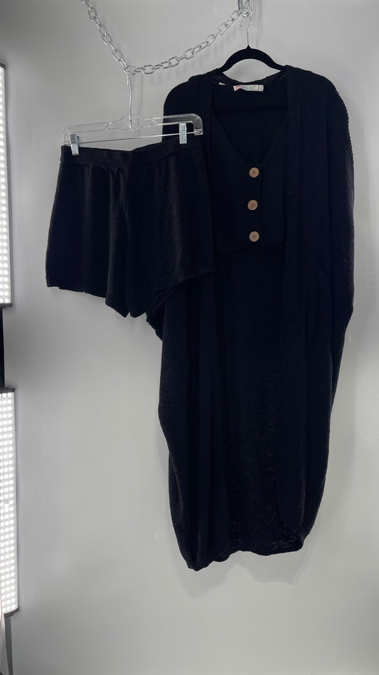 Free People Kai 3 piece Black Knit Cardigan, Tank, Shorts Set with Extra Button Never Worn (Medium)