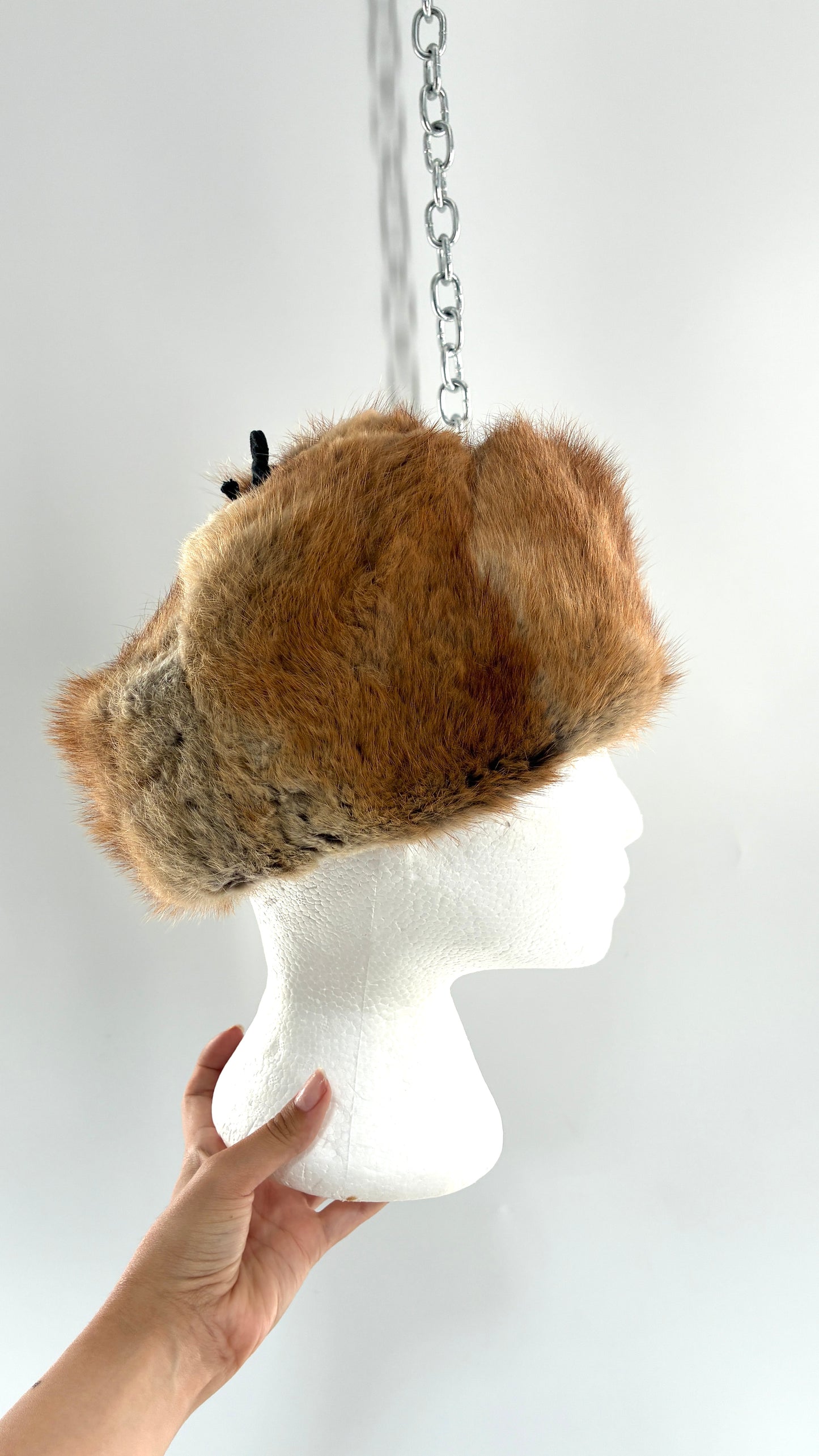 Vintage 1950s Genuine Fur Pill Box/Aviator Hat with Quilted Interior