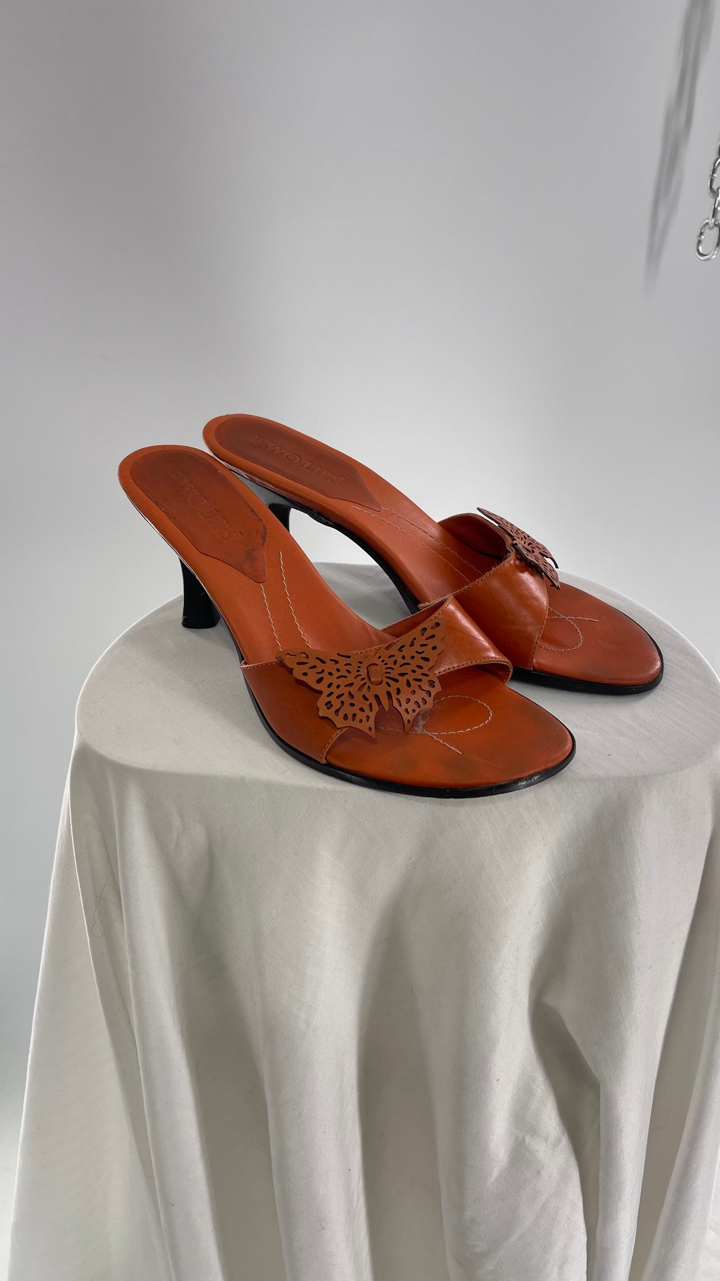 Vintage Two Lips Orange Leather Heels with Butterfly Appliqué (9.5)