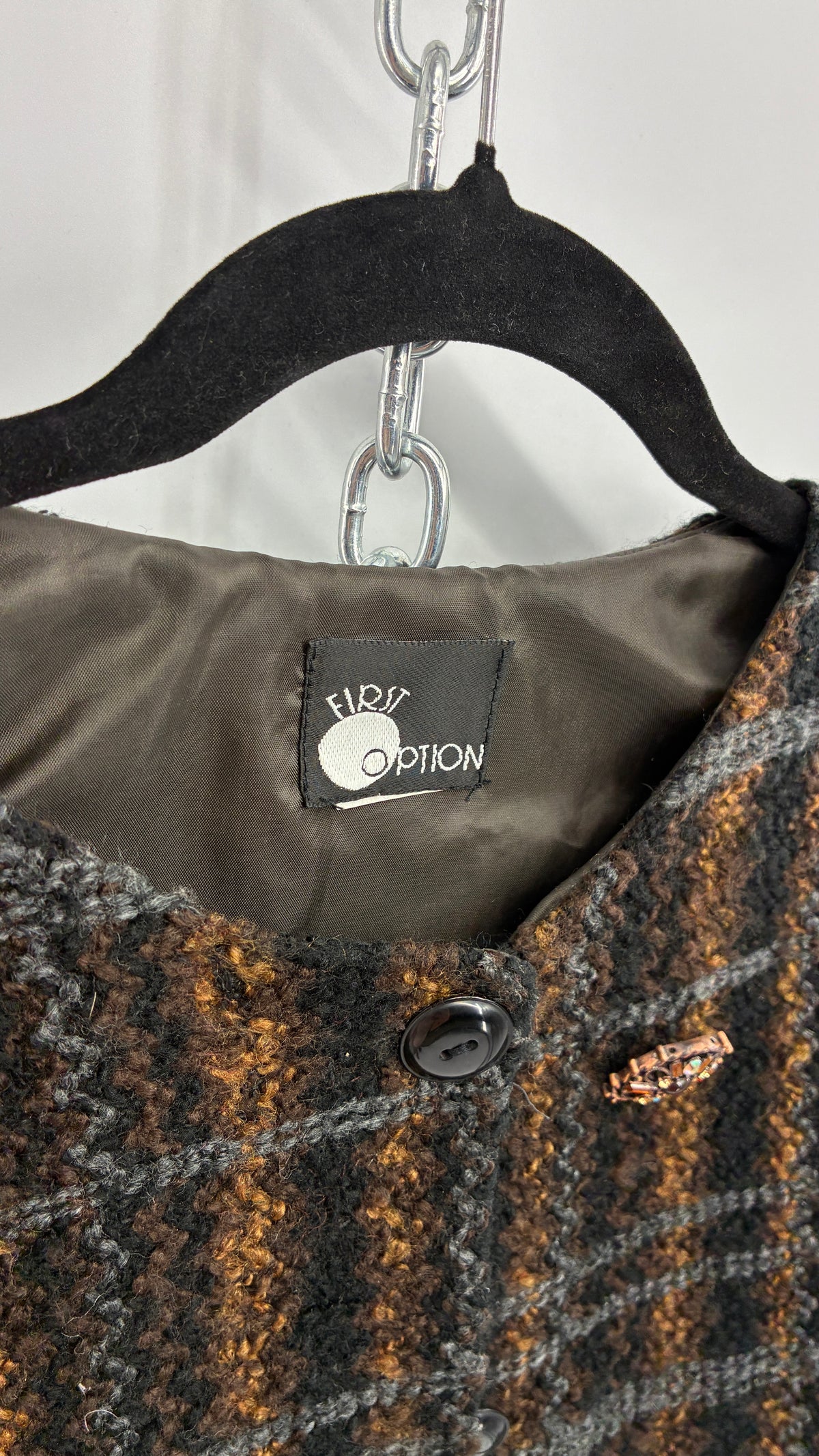 Vintage FIRST OPTION Plaid Knit Cardigan Jacket with Jewel Broche (Small)