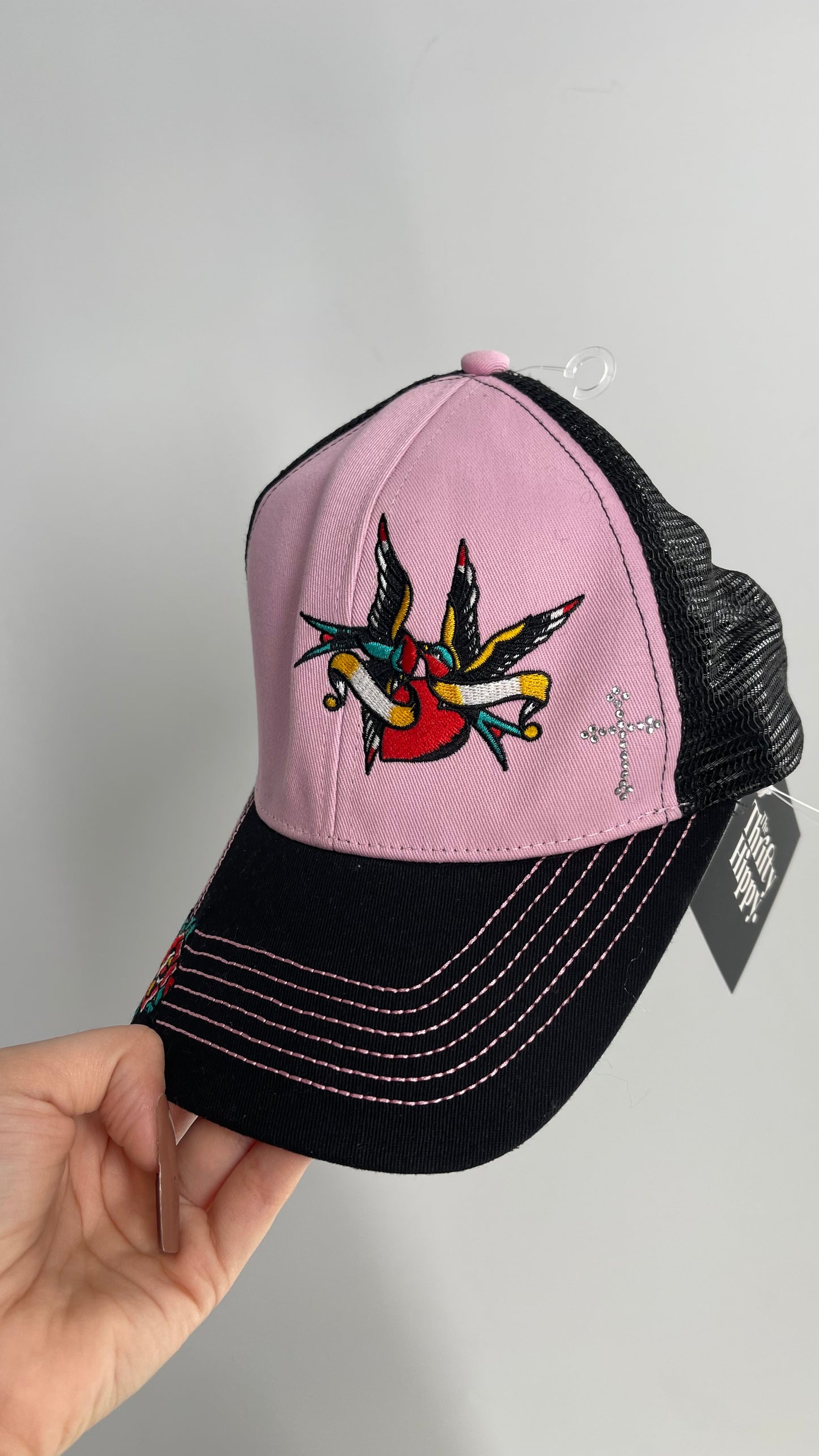 Black Pink Heart Embroidered Trucker Hat