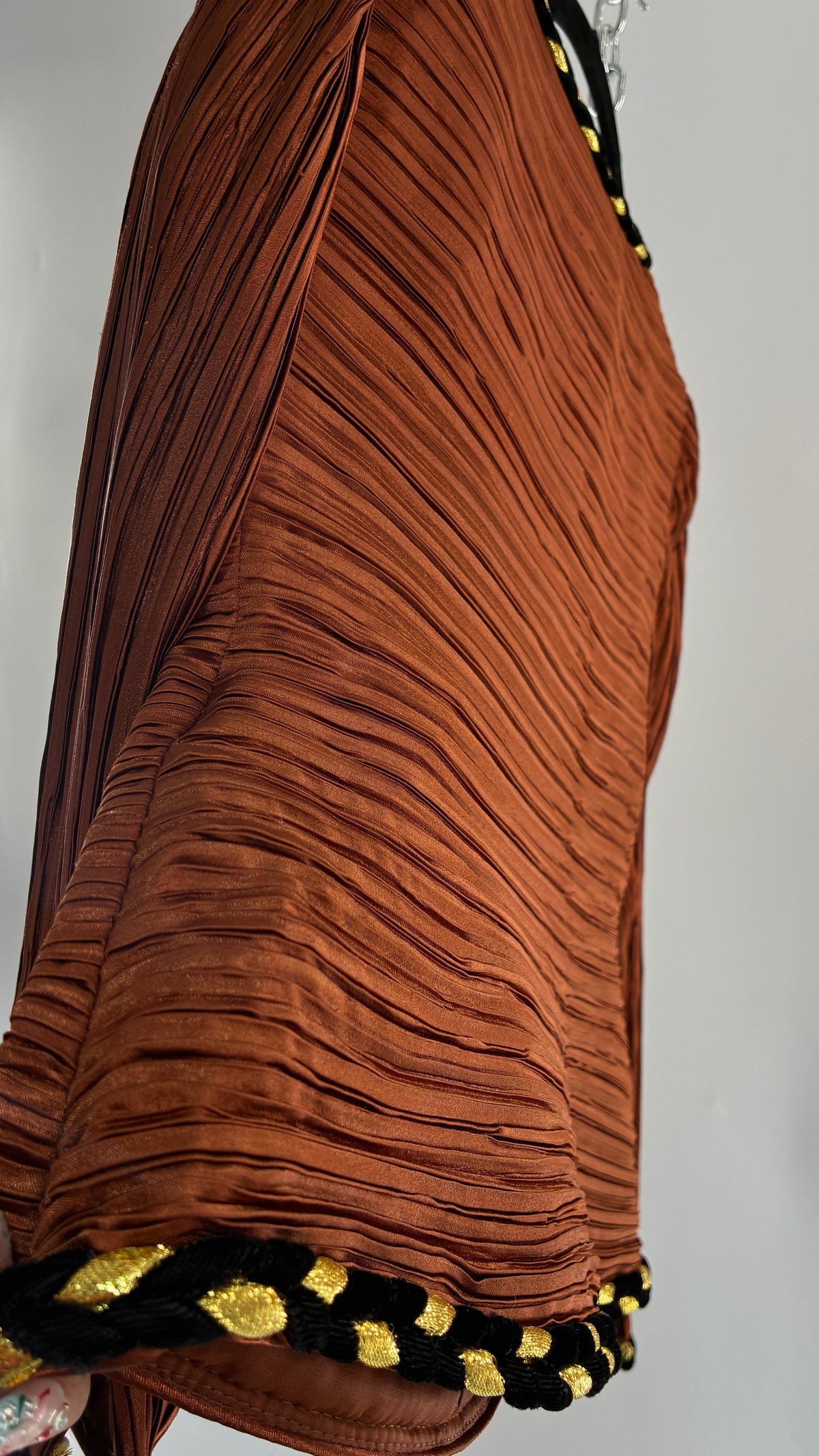 Vintage GEORGE F COUTURE Plissé 2 Piece Burnt Orange Structured Blazer Set with Velour, Gold Rope Detail (6)