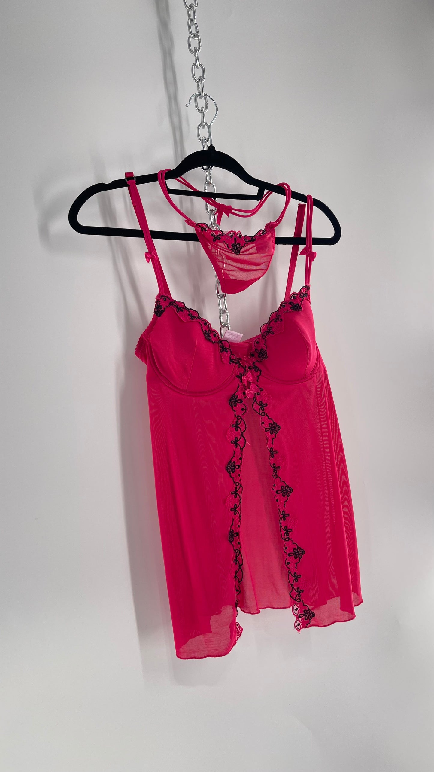 Vintage HOT Hot Pink Vented Babydoll Top and Thong Set with Black Embroidery and Bows (Medium)