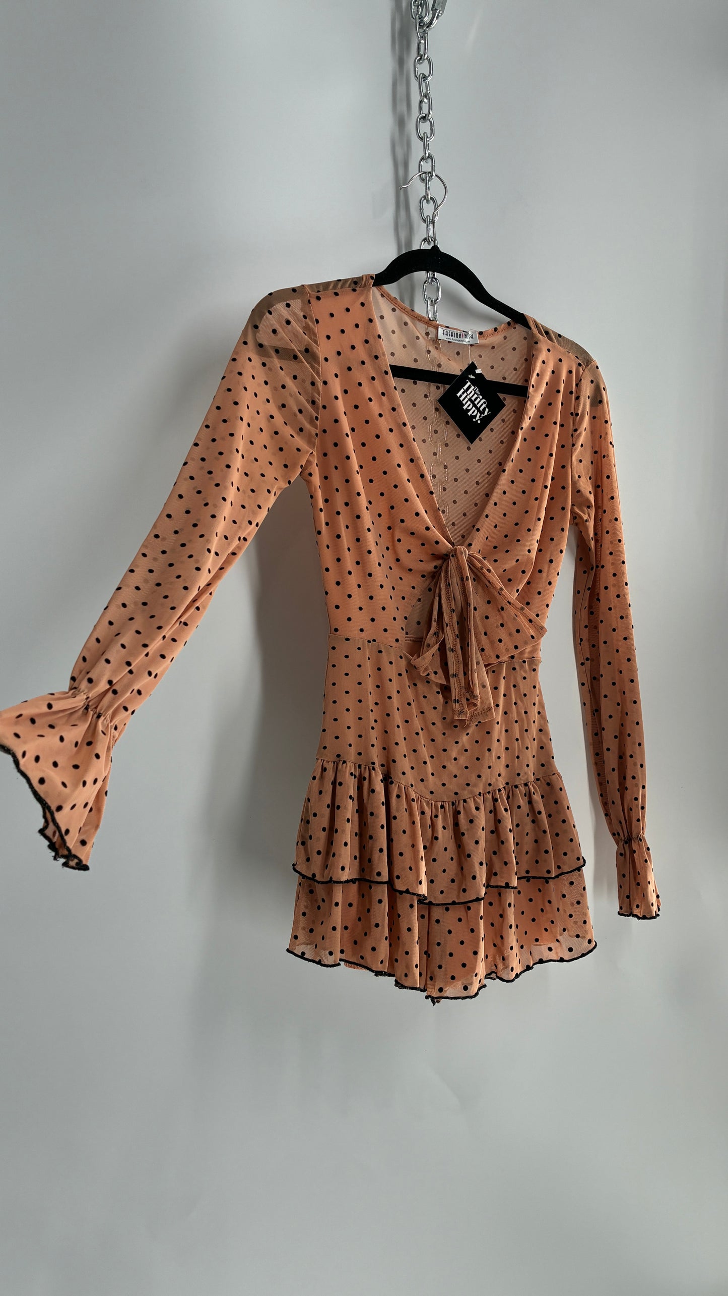 Fashion Nova Tan/Apricot Balloon Sleeve Romper with Ruffled Shorts and Cut Out, Tie Front Bust (Small)