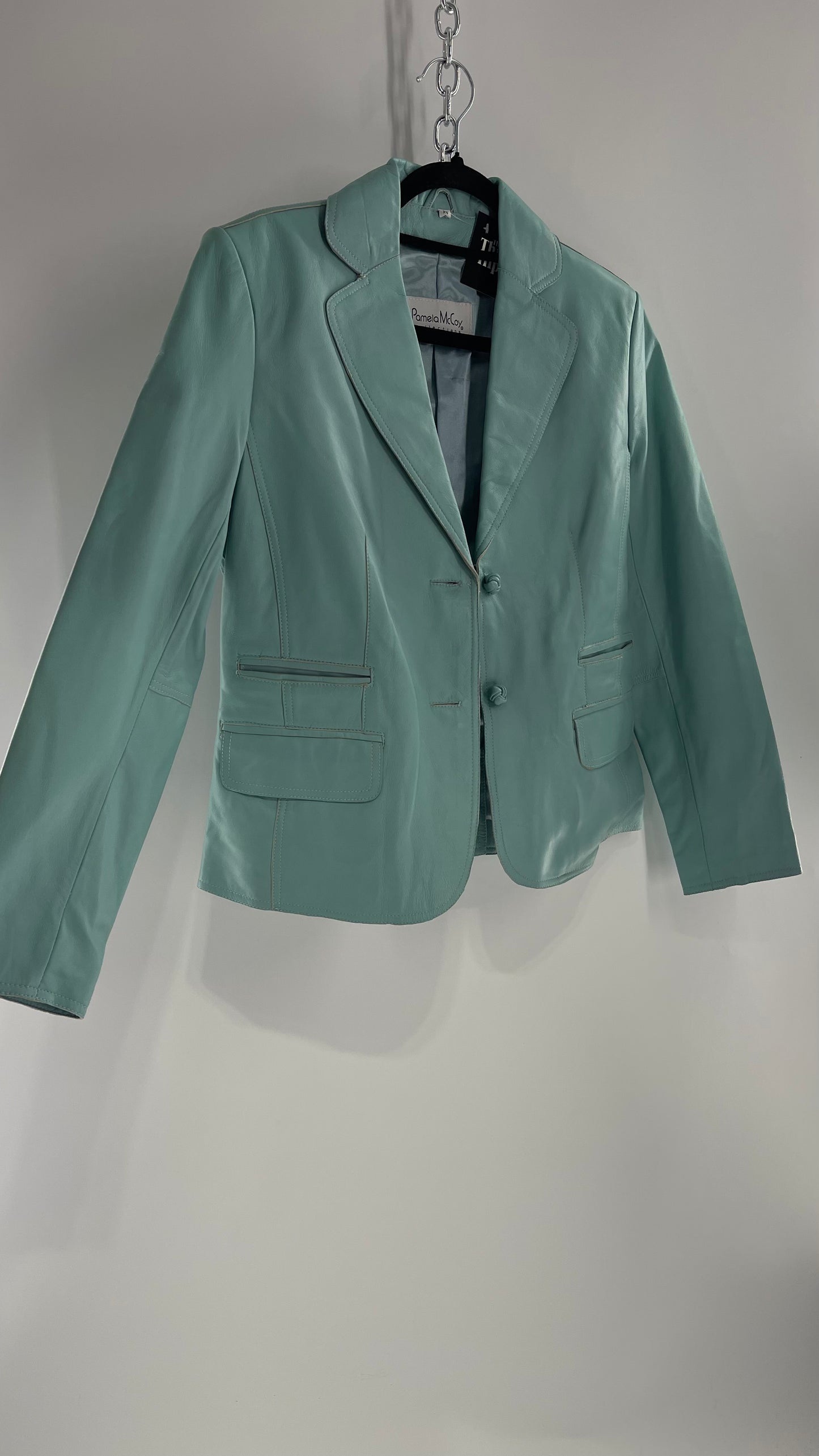 Vintage 1990s Pamela McCoy Eggshell/Tiffany Blue Leather Blazer Jacket (XS)