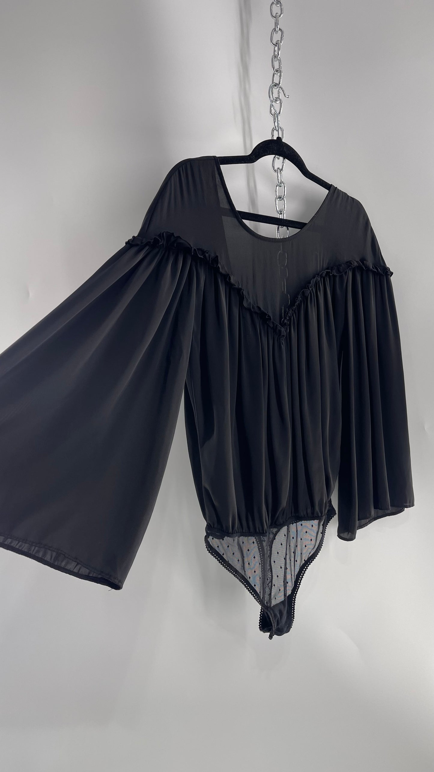 Free People Black Silky Ruffled Sweetheart Neckline Detail with Pleated Bodice and Open Back (XS)