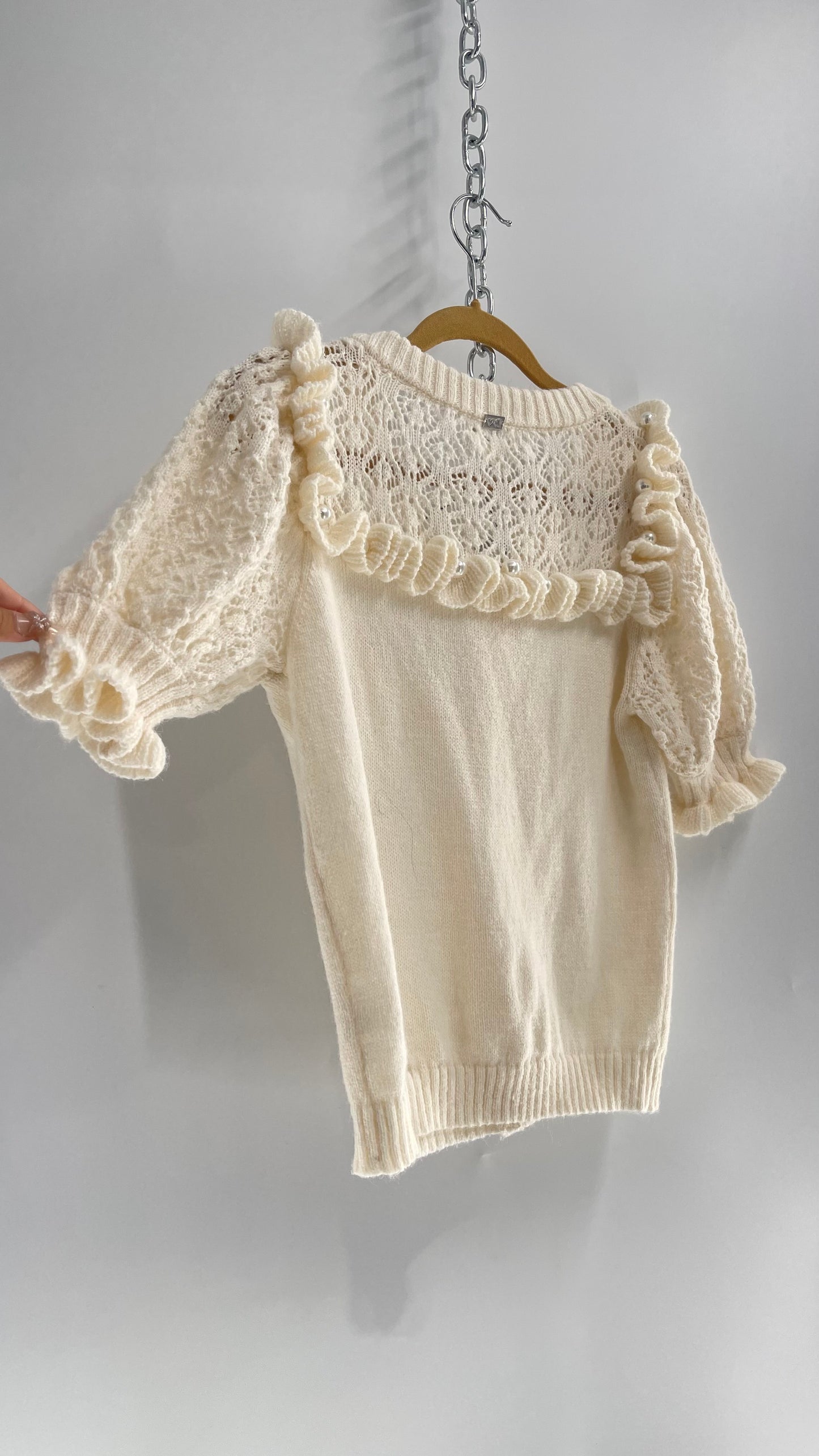 For Love & Lemons Cream Off White Knit Puff Sleeve, Button Front Top with Pearls (Small)