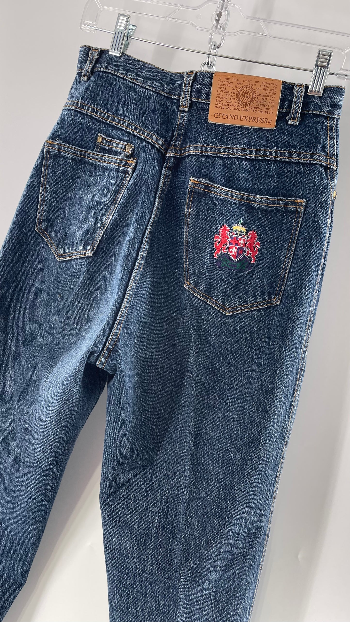 Vintage Medium Wash Ultra High Waisted Gitanos with Embroidered Crest on Back Pocket and Leather Jacron (13/14)