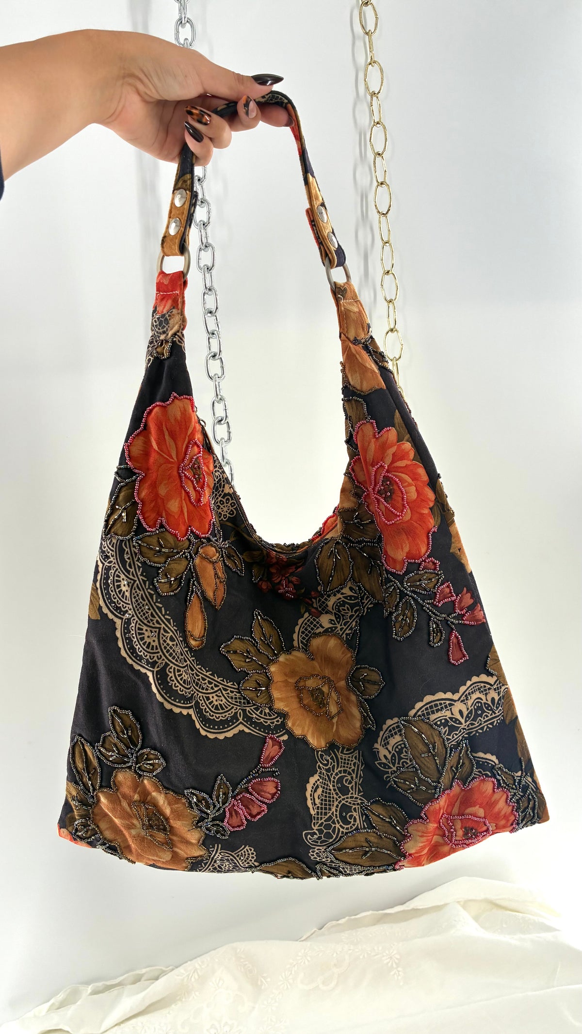 Vintage Brown Floral Paisley Beaded Hobo Shoulder Bag